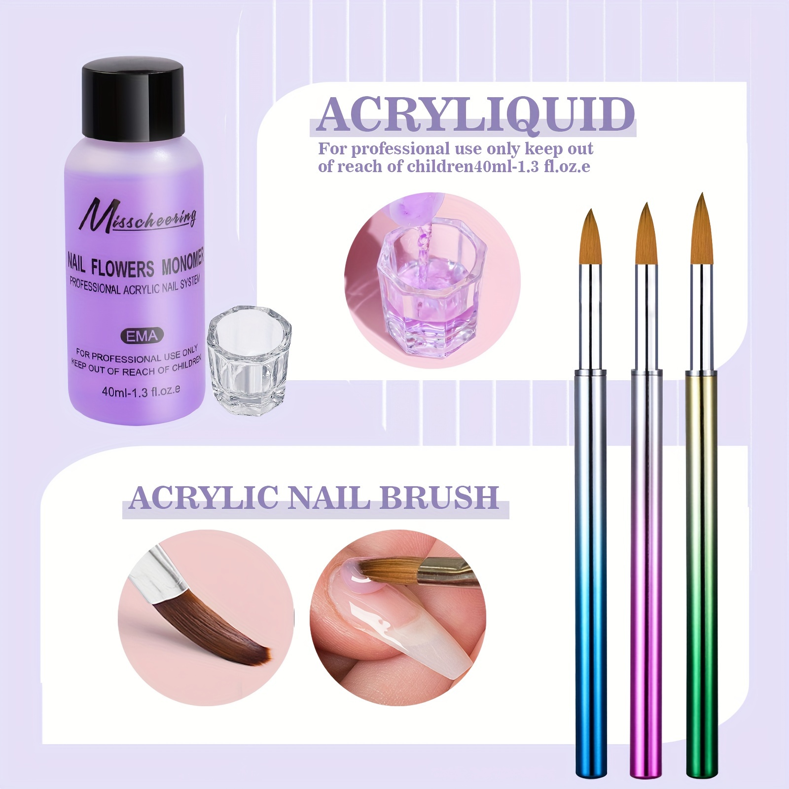 Acrylic Nail Kit – White Pinkish Clear Acrylic Powder & Nail Flowers  Monomer Set With Nail Brush