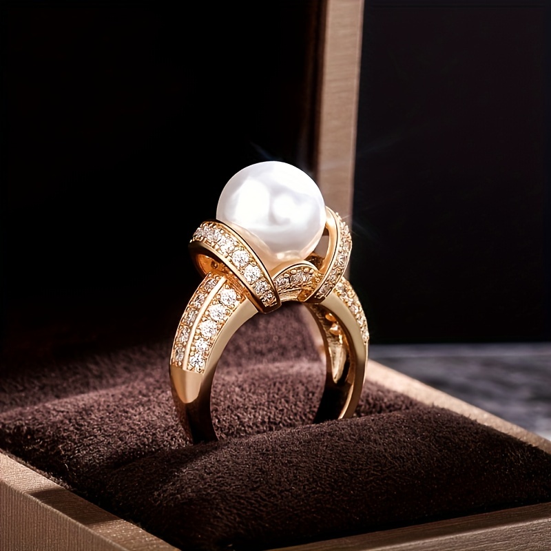 טבעת נחושת קופת צופה זהב עיצוב מהודרת עם פנינה וזירקוניה, סינתטית למסתה, (לא מושלם) תכשיטי מסיבה|סגנון זוהר|טבעת צירים