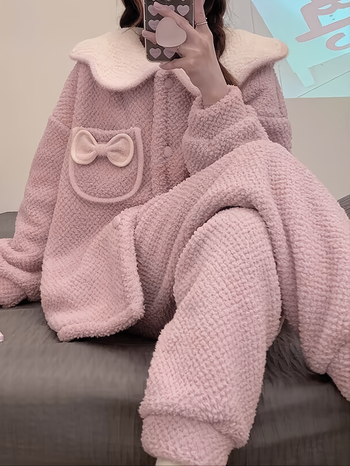 Thick Fuzzy Coral Fleece Pajamas Set Long Sleeve Doll Collar - Temu
