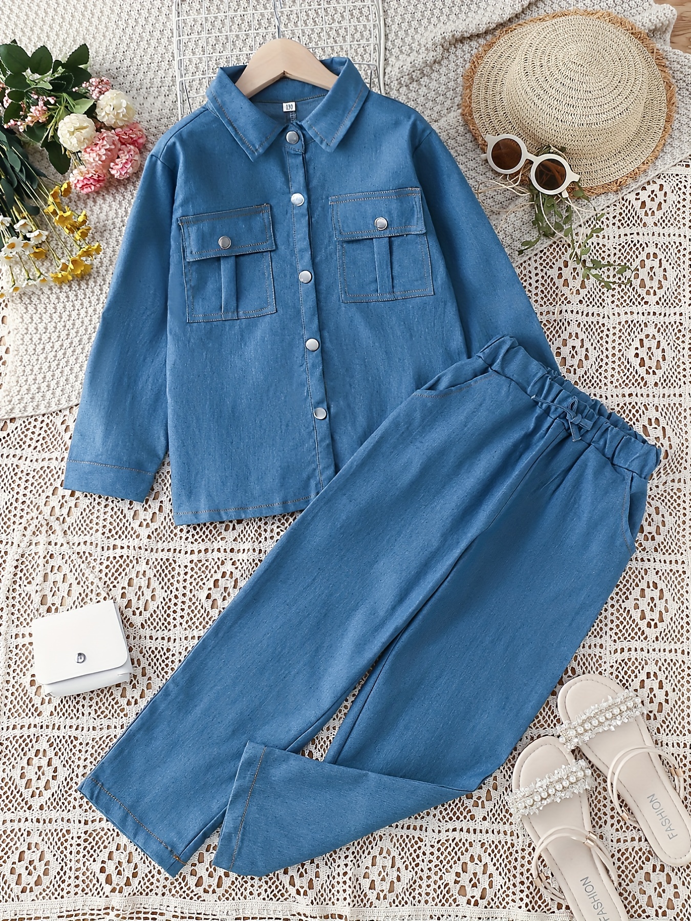 2pcs Girls' Casual Denim Suit Long Sleeve Denim Shirt And Elastic Waist  Jeans Set Fashion Suit Outfit