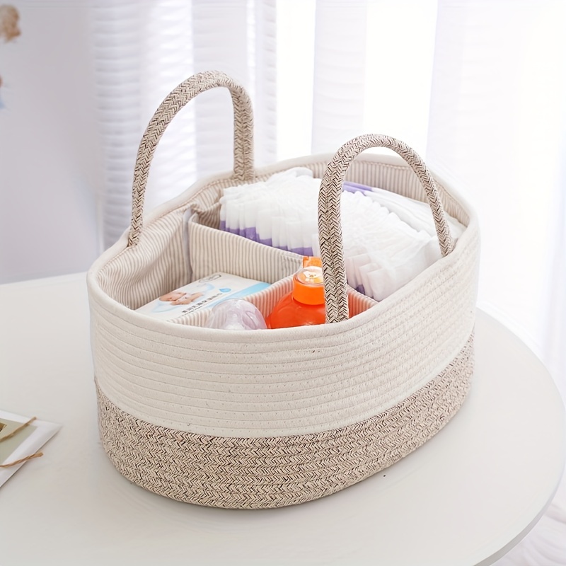 

1pc Stylish Beige Woven Storage Basket For Baby Diapers And Essentials - Portable Cotton Rope Diaper Organizer For Changing Table - Perfect For Boys And Girls