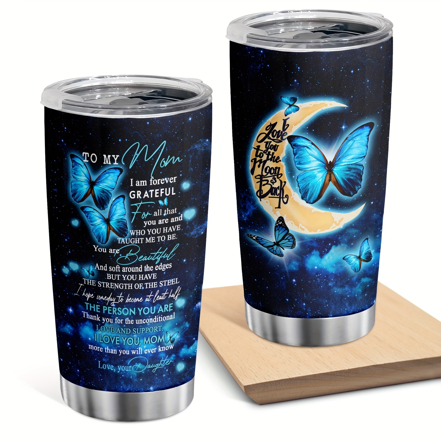 

1pc To My Mom Blue Butterfly Tumbler With Lid Double Wall Tumbler 20oz Travel Coffee Mug Butterfly Gifts For Women Birthday Gift For Mom