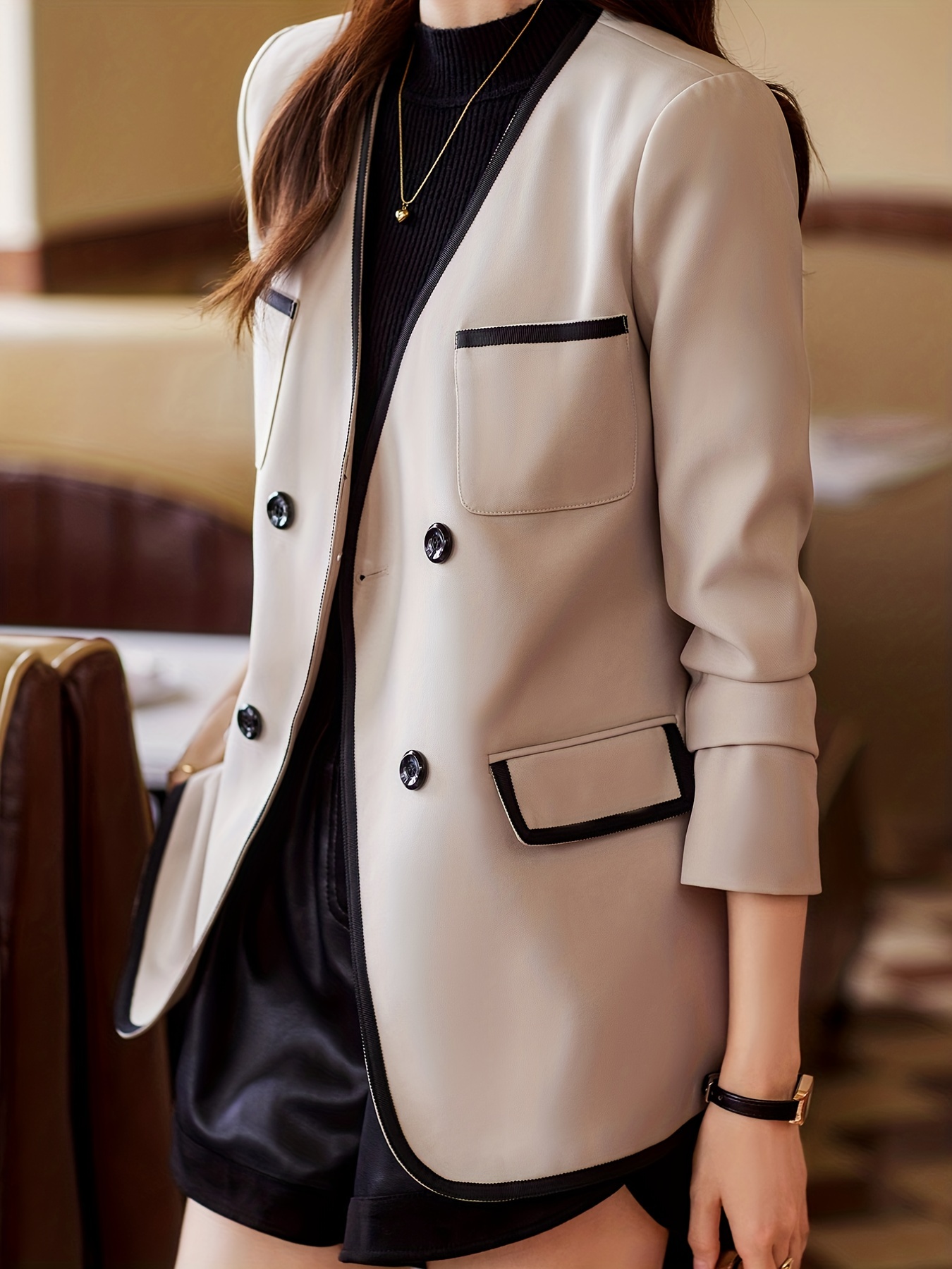 Women's Double Breasted Blazer and Pants Set - Extra Long Jacket - Apricot