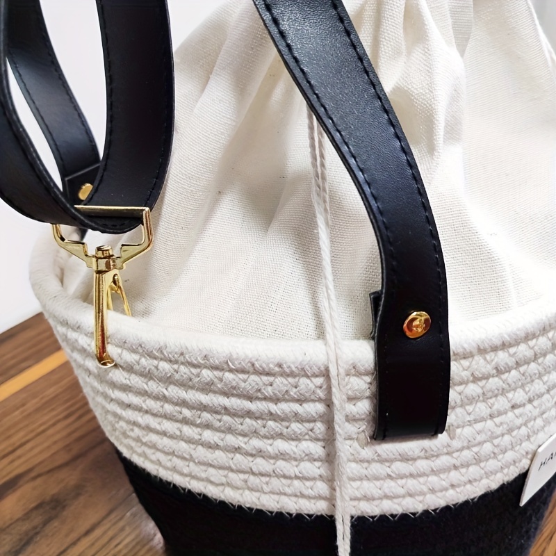 Colorblock Straw Bucket Bag Crossbody Drawstring Purse