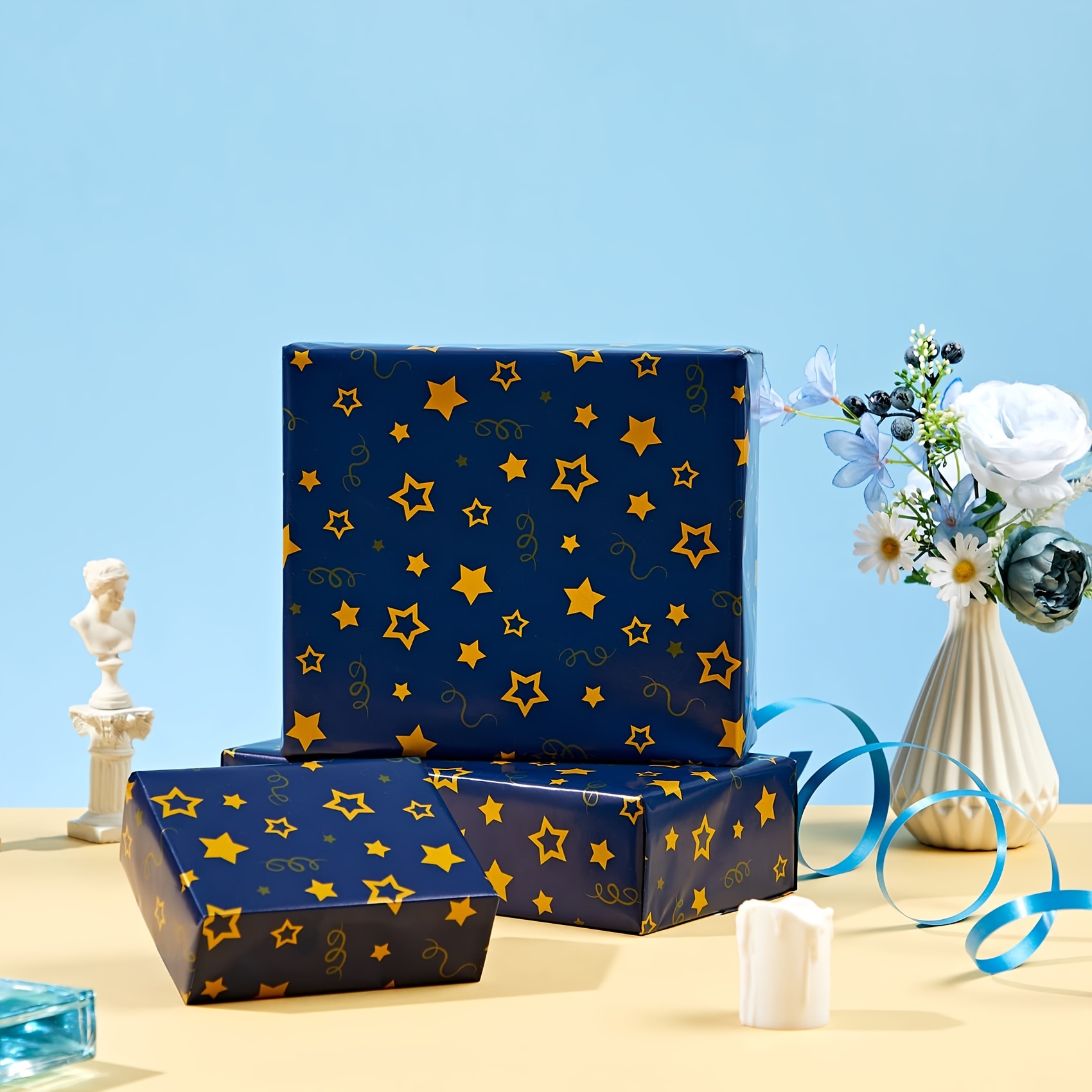 Golden Snowflake Navy Blue Wrapping Paper Roll Golden Star - Temu