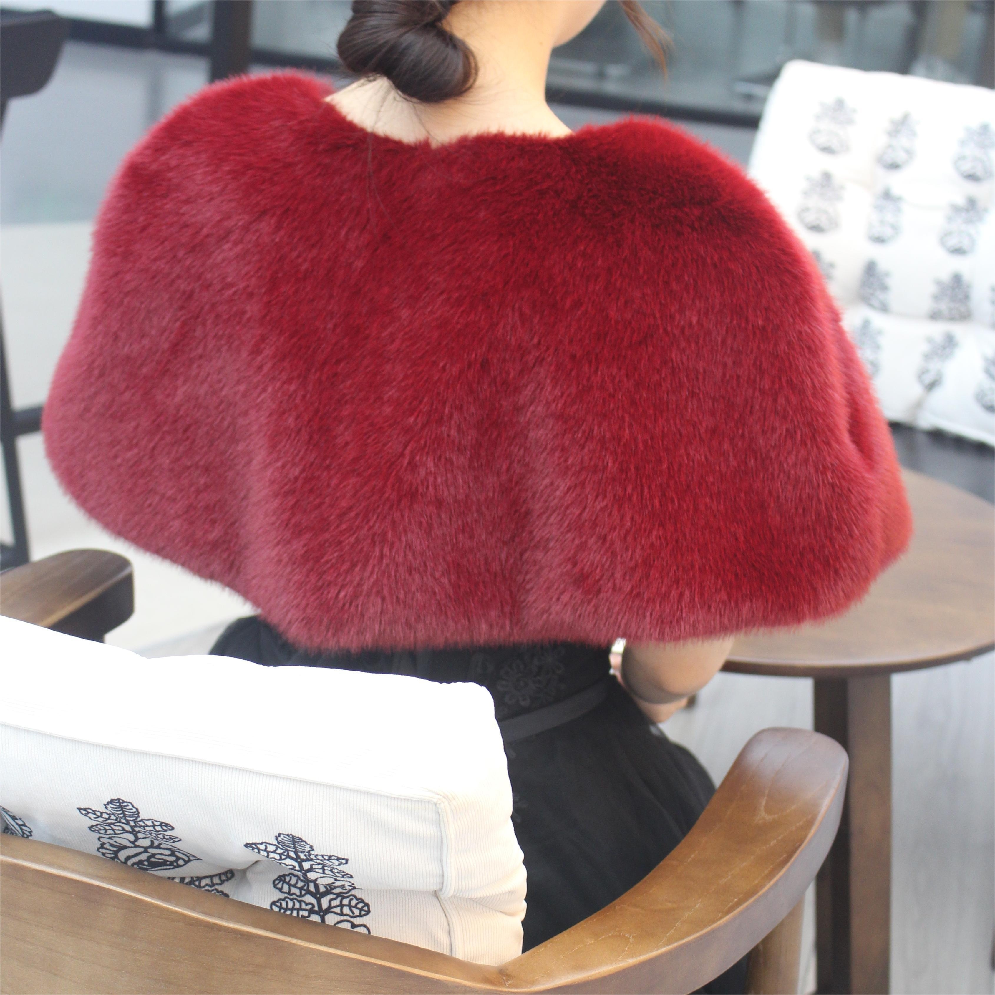 burgundy color long dress faux fur stole faux fur wrap faux fur shawl bridal wrap wedding shrug –  ALEX BRIDAL main image 0