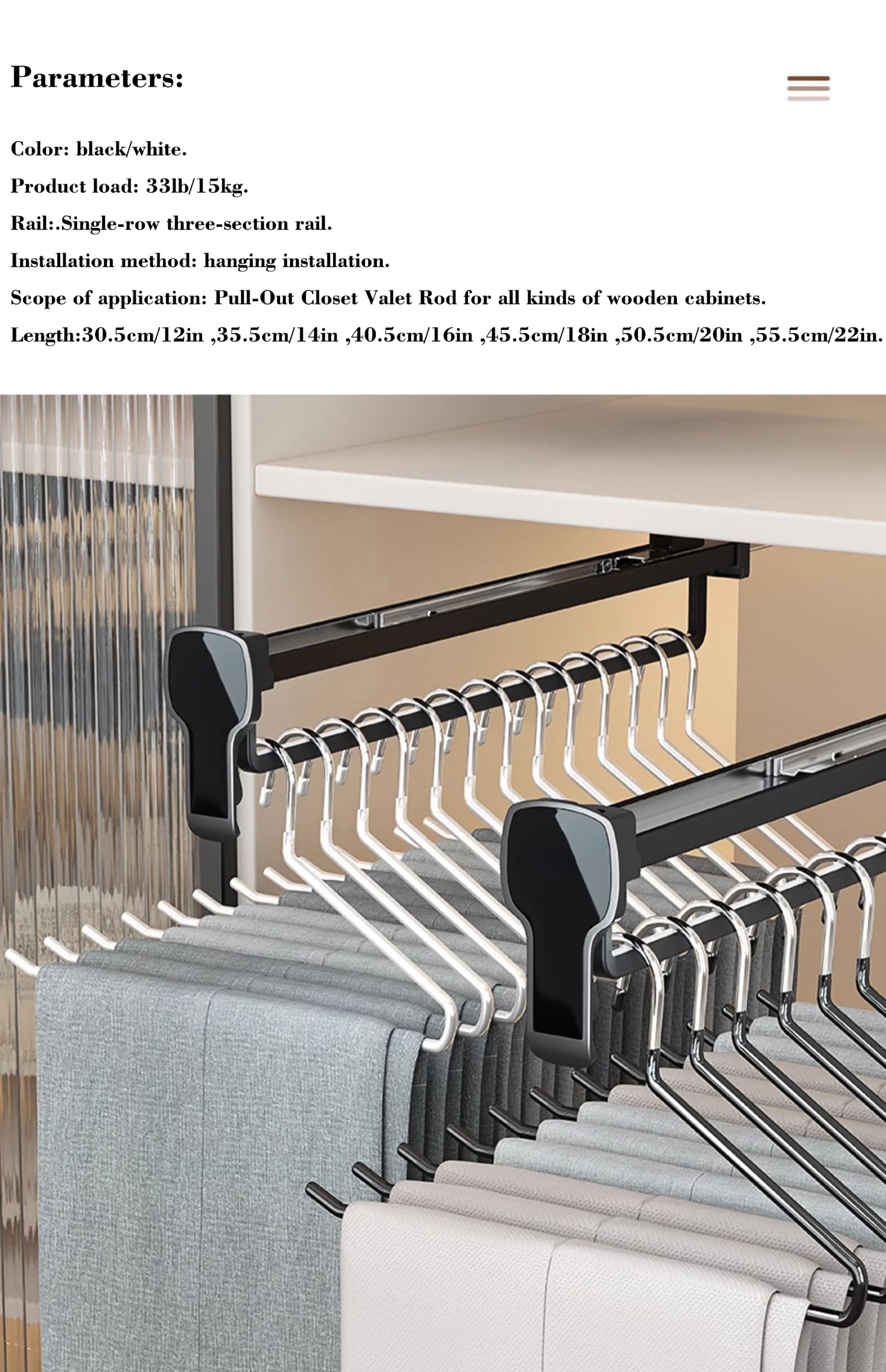 Pull-Out Closet Valet Rod Adjustable Wardrobe Clothing Rail Top