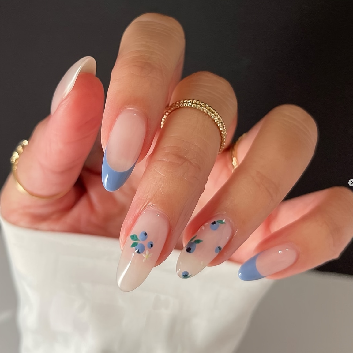 24pcs glossy medium almond fake nails blue french tip press on nails with flower adn blueberry design sweet and fresh false nails for women girls for easter details 0