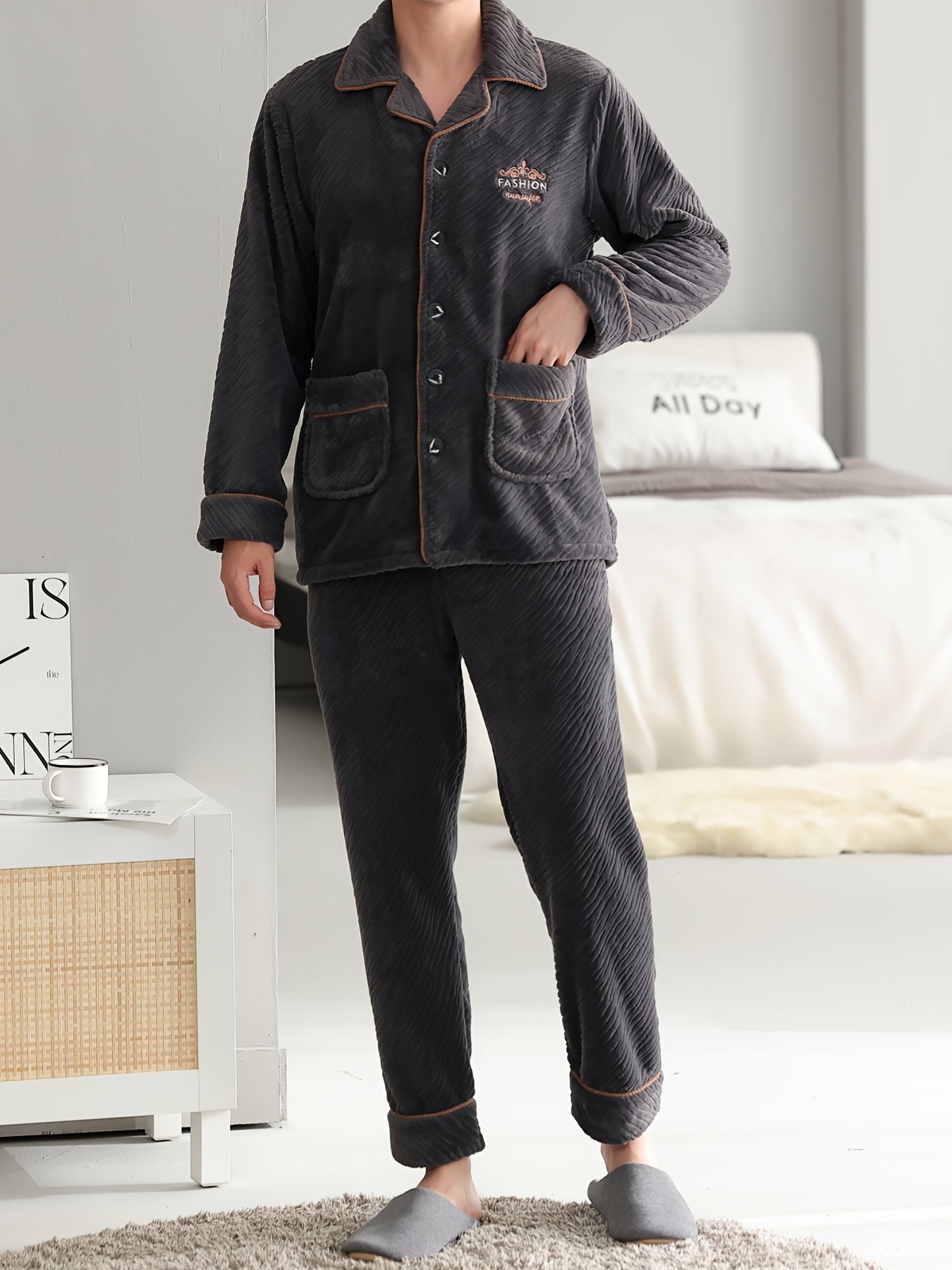 Winter Sleepwear Set Collared Long Sleeve Button Tops Pants - Temu