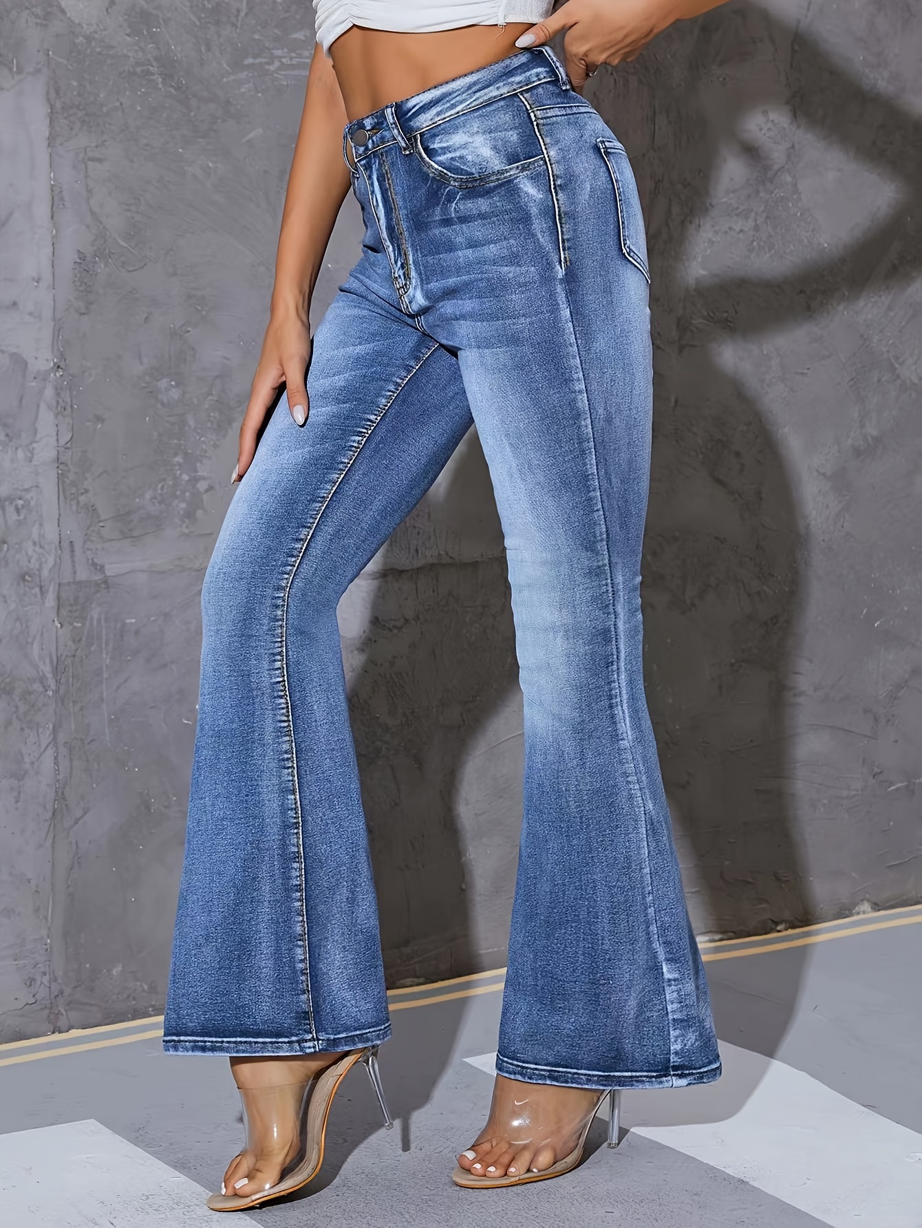 Blue High Waist Flare Jeans Washed Slant Pockets Casual Bell