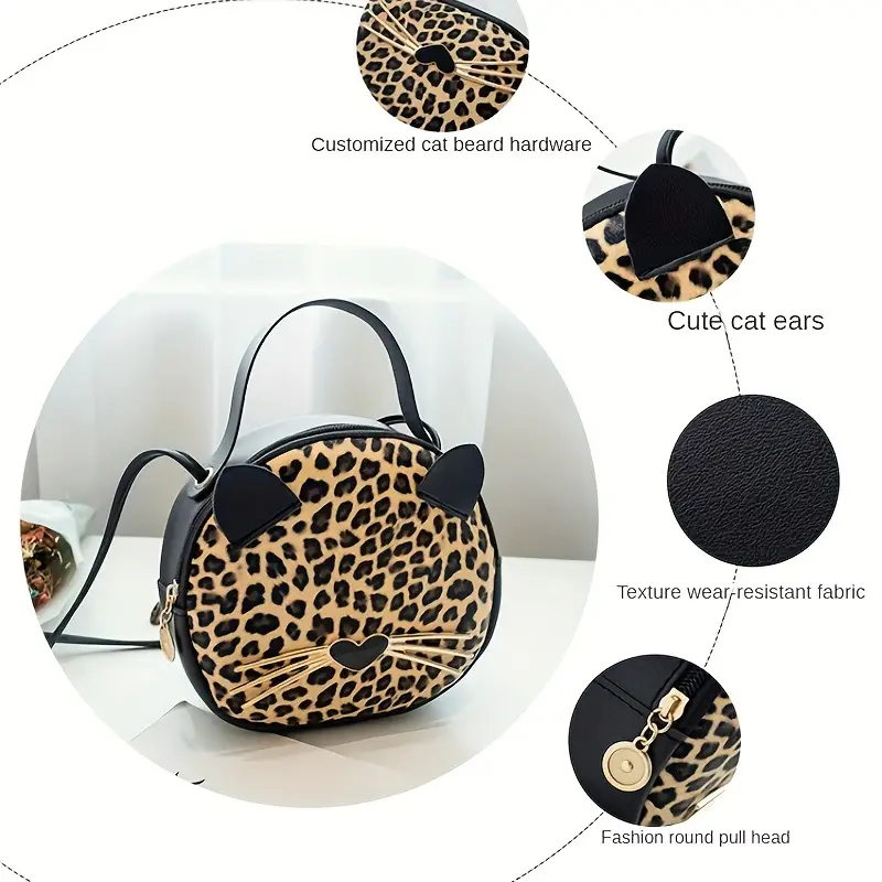 cute cat crossbody bag for women glitter sequins round handbag fashion leopard print shoulder purse details 3