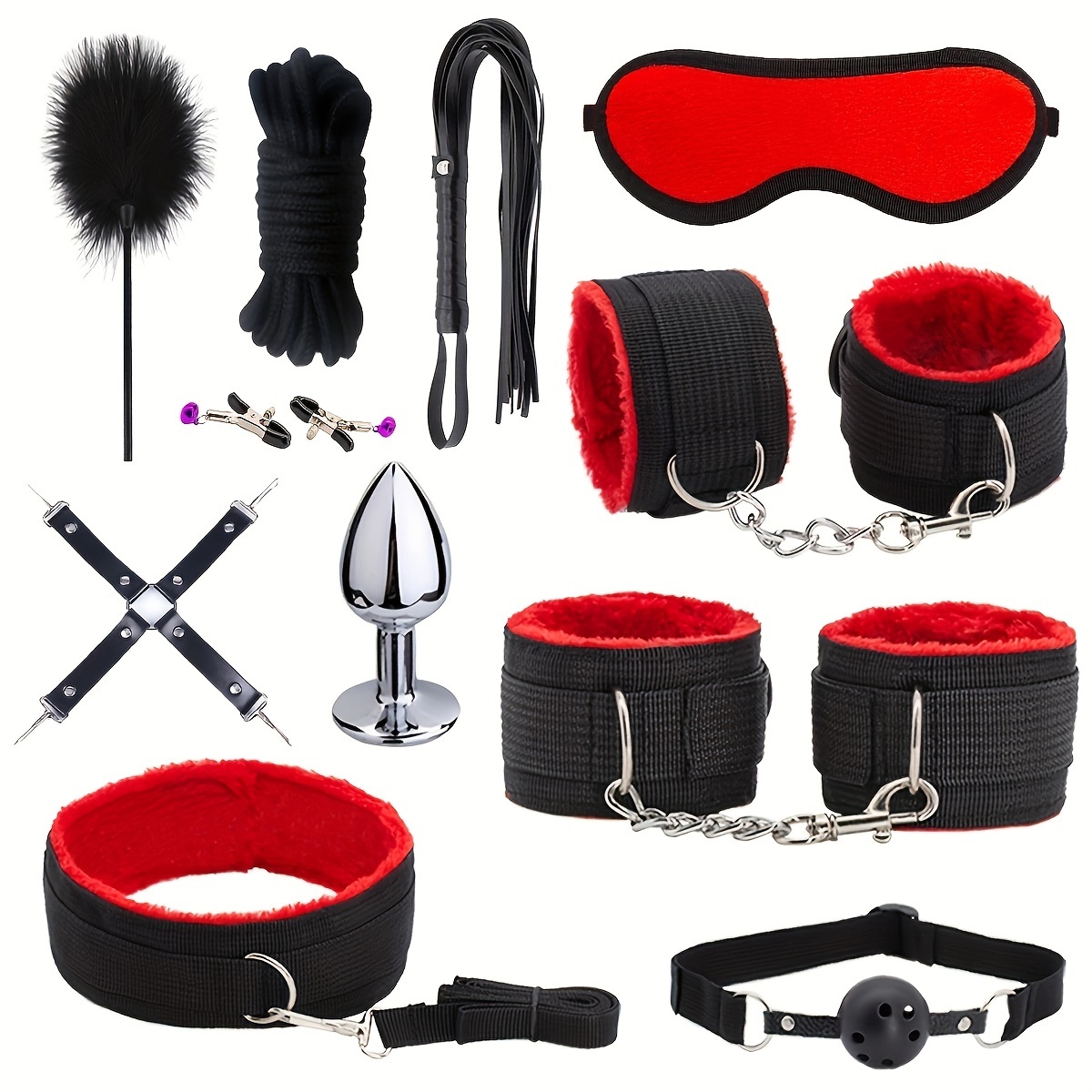 10 Piece BDSM Kit/ Handcuffs/ Nipple Clamps/ Blindfold/ Collar Red