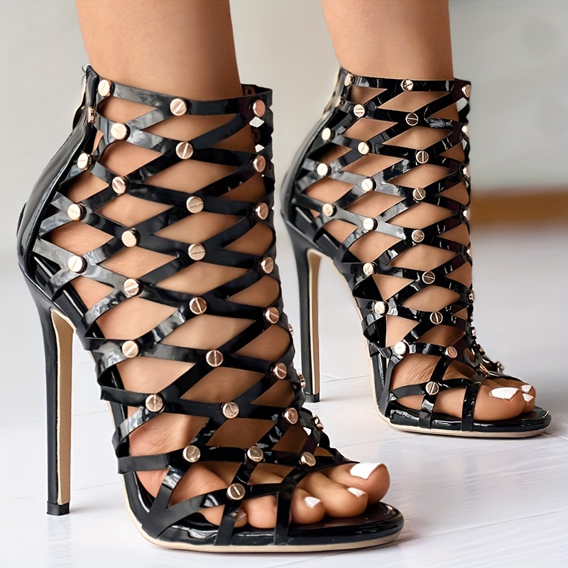 Elegant Black Gladiator Sandals For Women, Cut Out Design Stiletto Heeled  Zipper Back Sandals