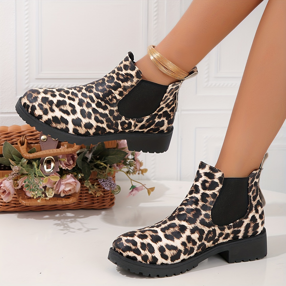 Botines de tobillo estampado de leopardo para mujer zapatos de moda con punta redonda y el sticos botas cortas de tac n bajo y grueso