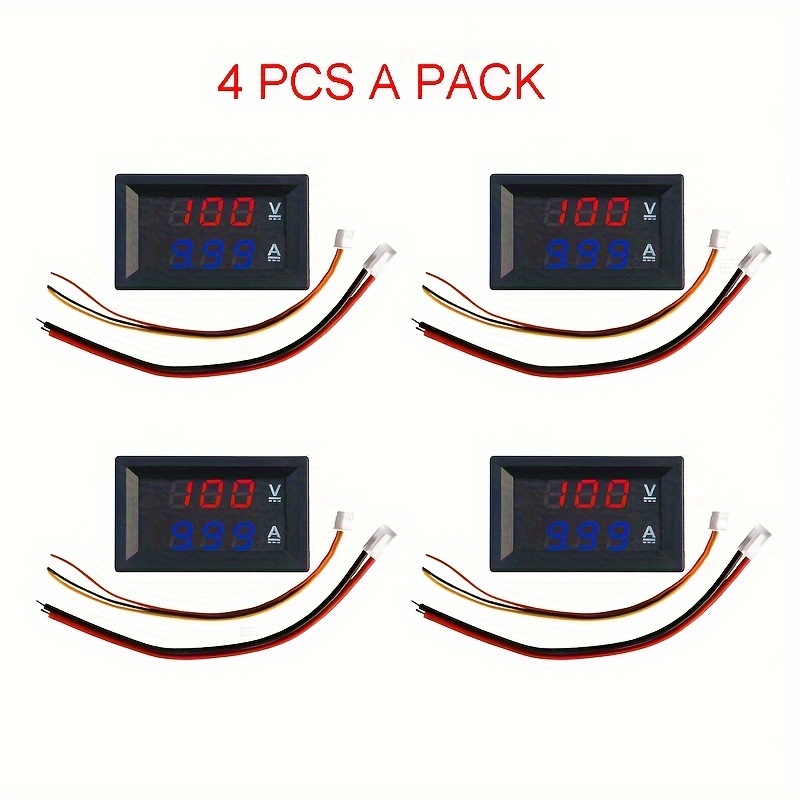 

4pcs, 0.28 Inch Digital Voltmeter Ammeter Dc 100v 10a Amp Voltage Current Meter Tester 3 Bits Blue + Red Dual Led Display Panel With Connect Wires