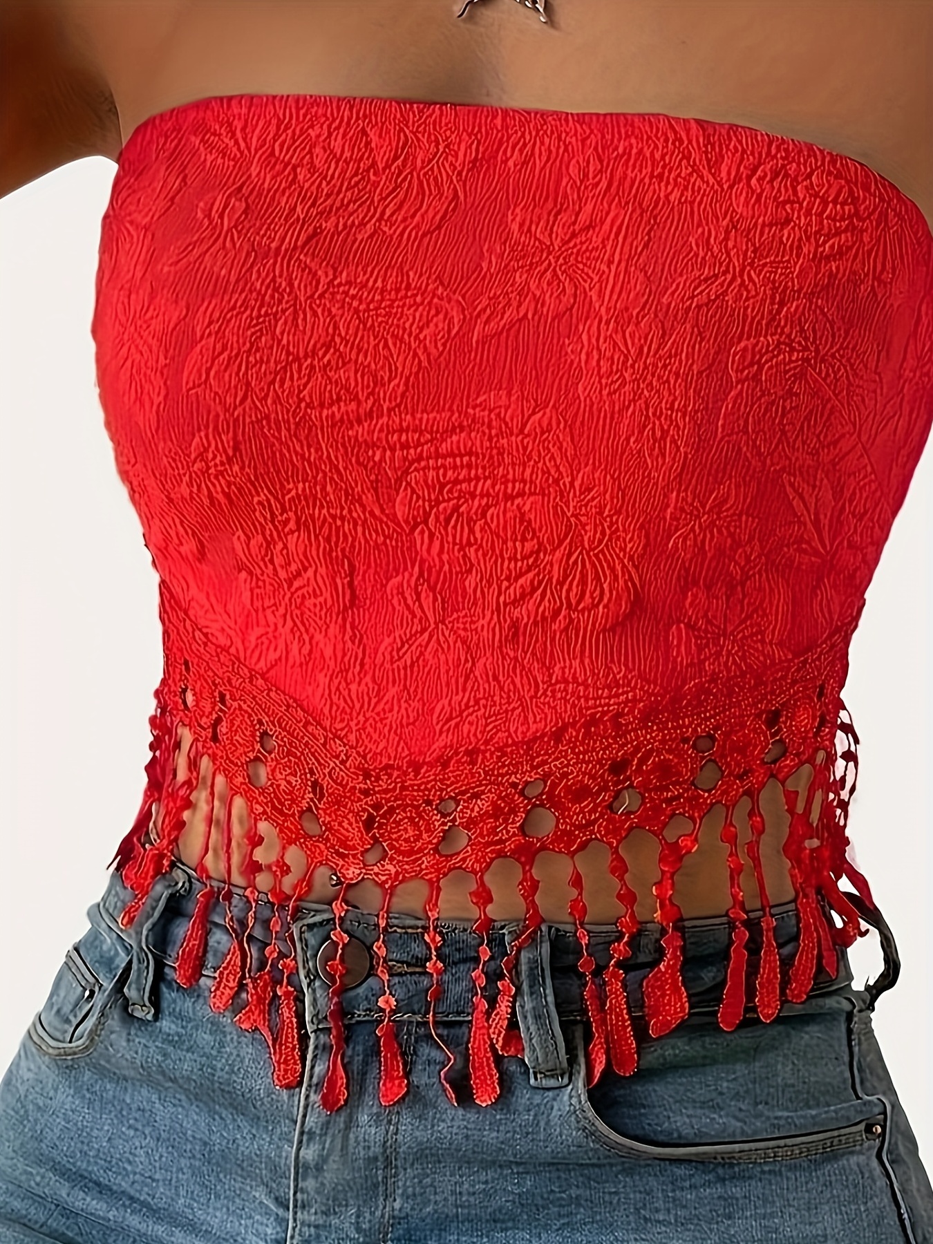 Women Strapless Tube Tops Solid Color Crochet Jacquard Fringed Hem