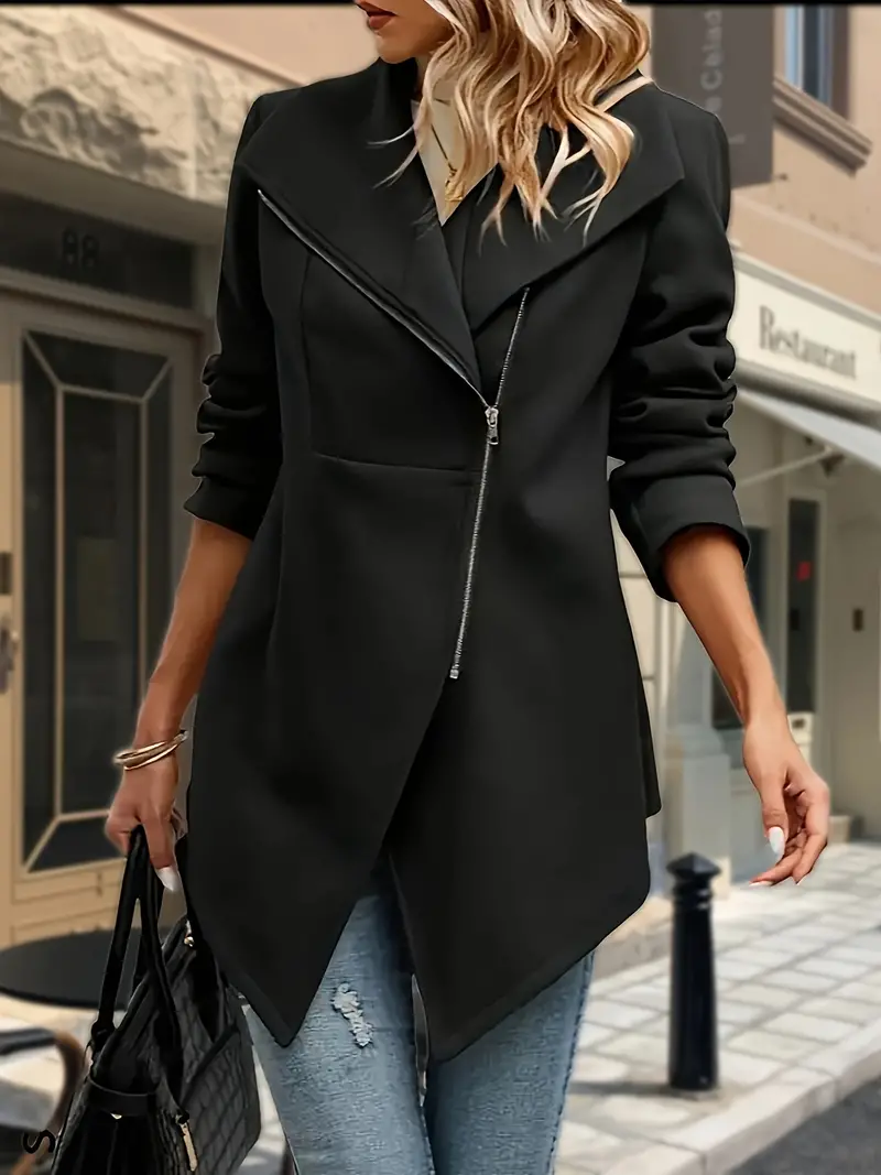solid lapel zipper jacket, solid lapel zipper jacket versatile long sleeve asymmetrical outwear for fall winter womens clothing details 3