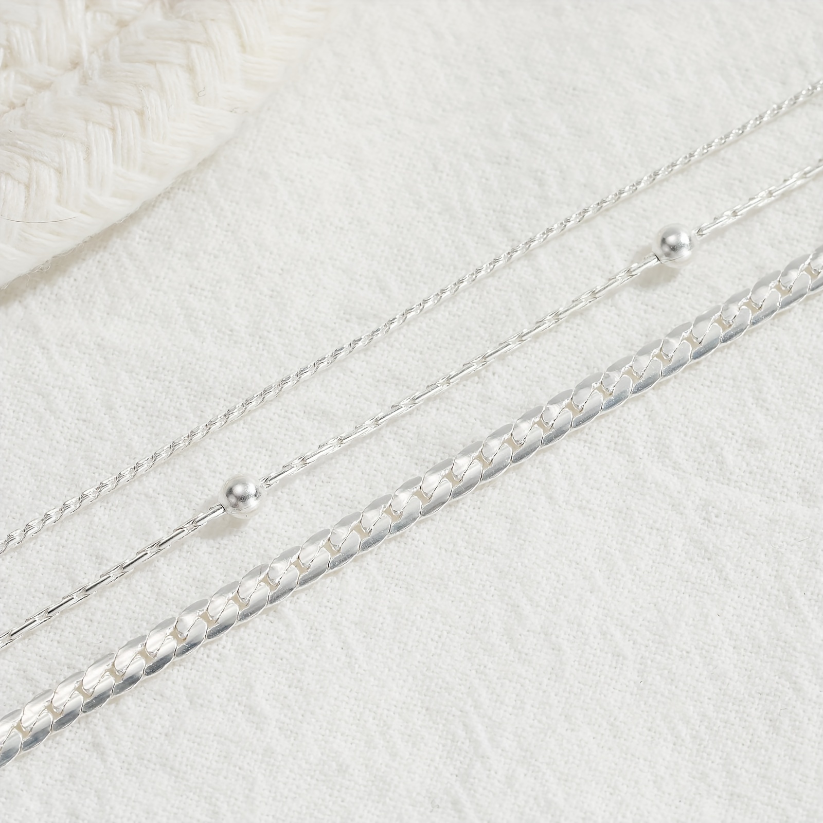 3pcs Silvery Anklets Bead Chains & Flat Snake Chains