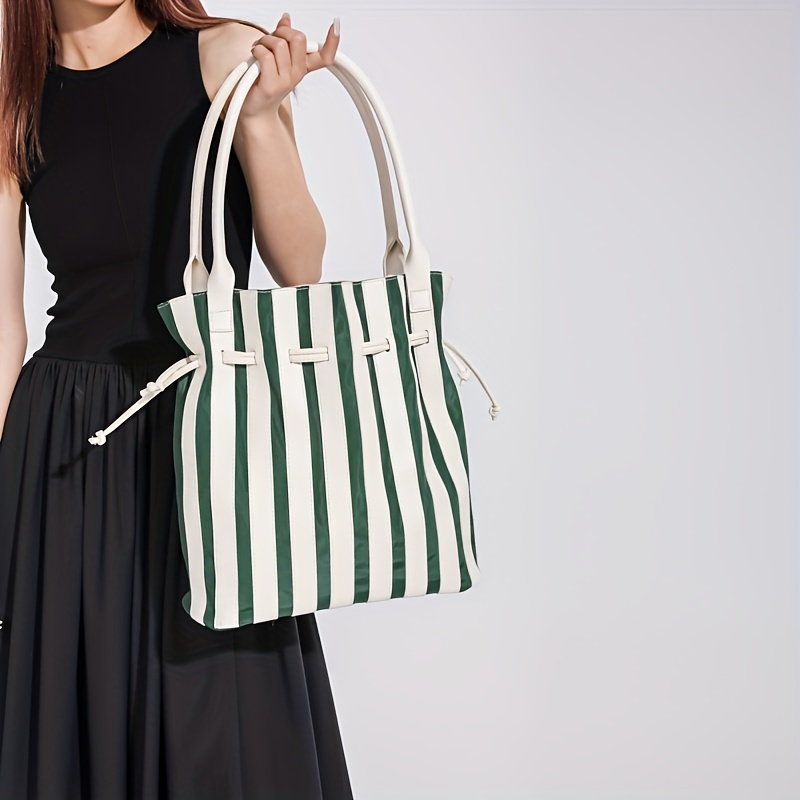 Striped Pattern Drawstring Bucket Bag Large Capacity Tote Bag