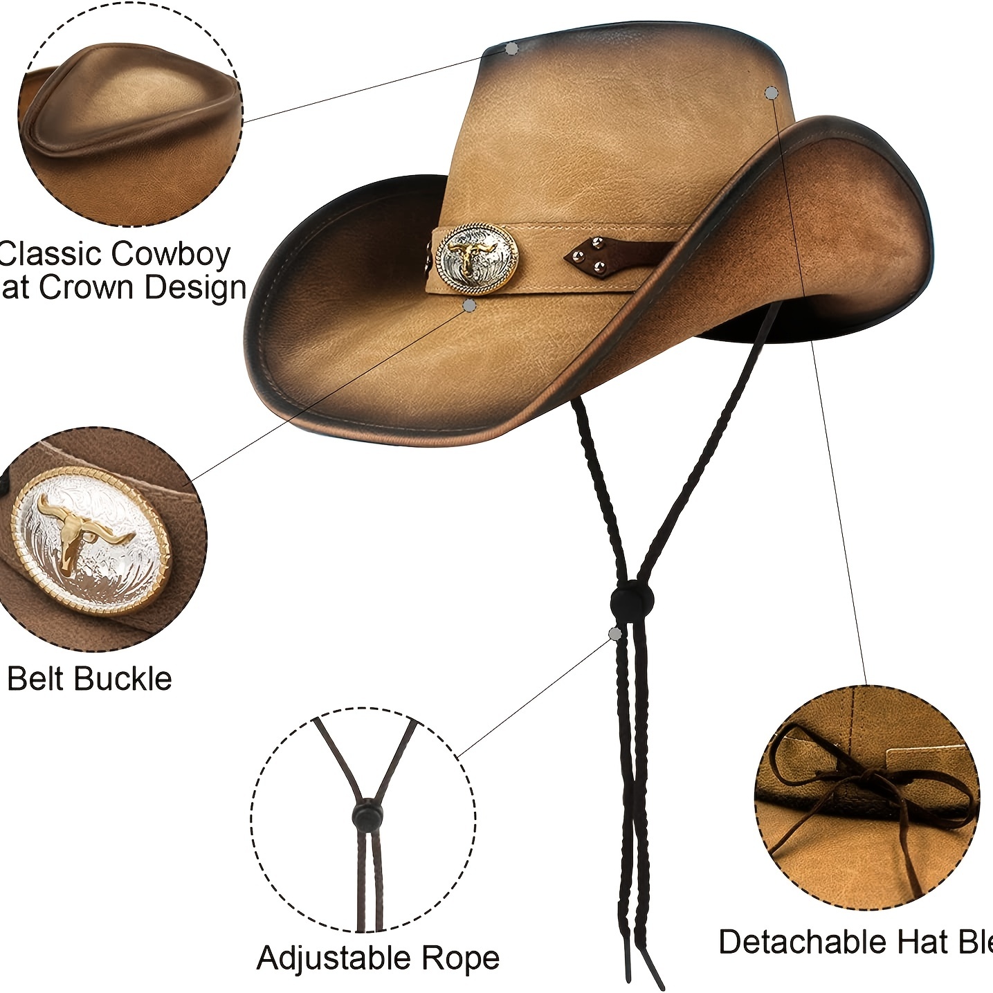 1pc Leather Cowboy Hat Western Cowboy Hat For Men Women Outdoor Wide Brim  Cowgirl Hat With Light Brown Khaki - Jewelry & Accessories - Temu