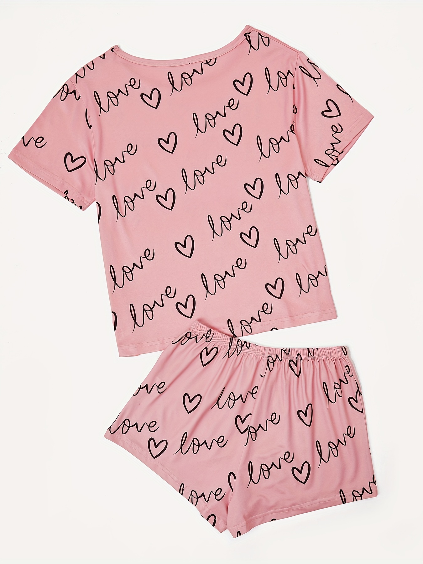 Women's Two-piece Sets, Comfortable Allover Letter Print Short Sleeve Tops  & Shorts Pajama Sets For Valentine's Gifts