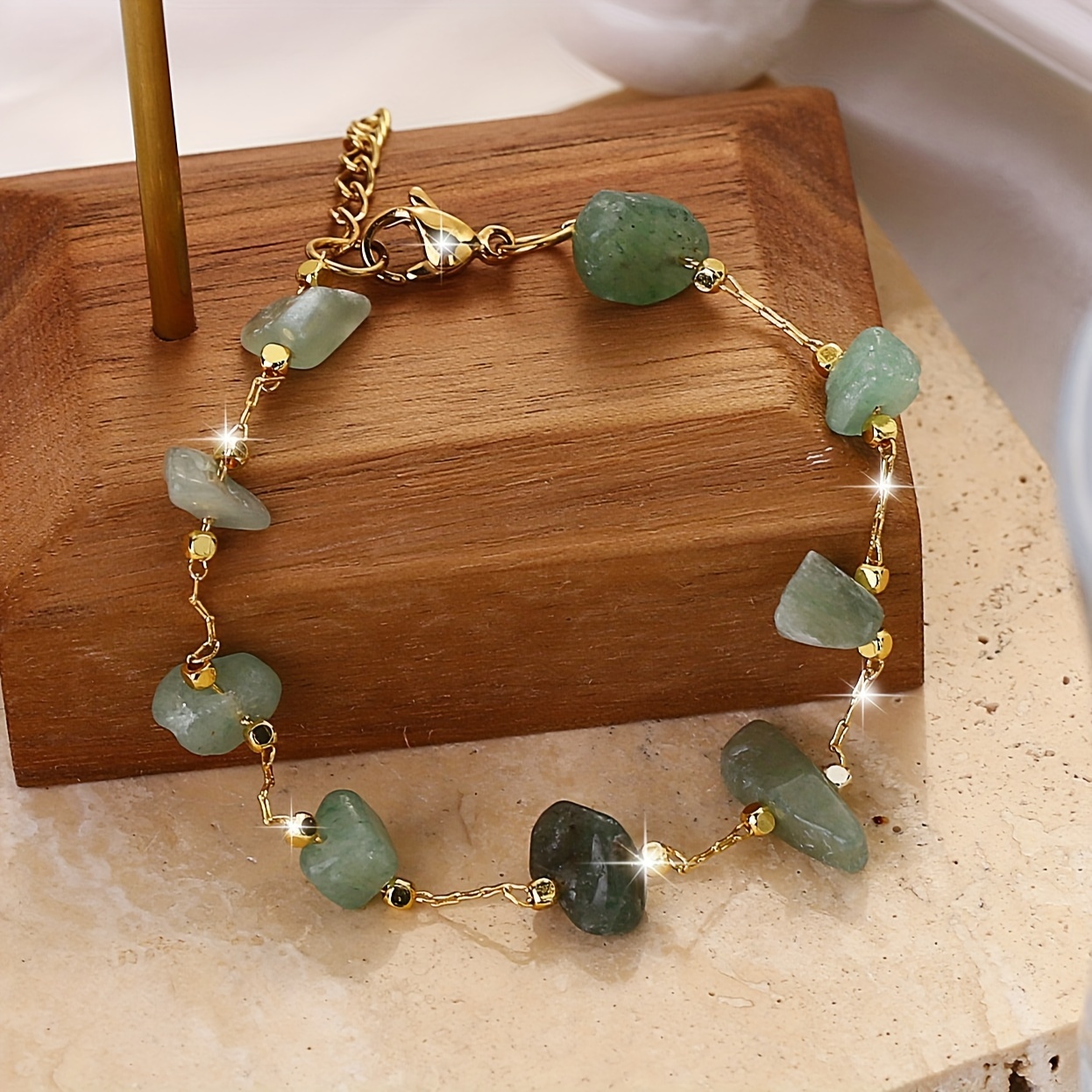 

1pc Green Natural Chip Stone Beads Thin Chain Bracelet Boho Style Hand Chain Jewelry Accessory