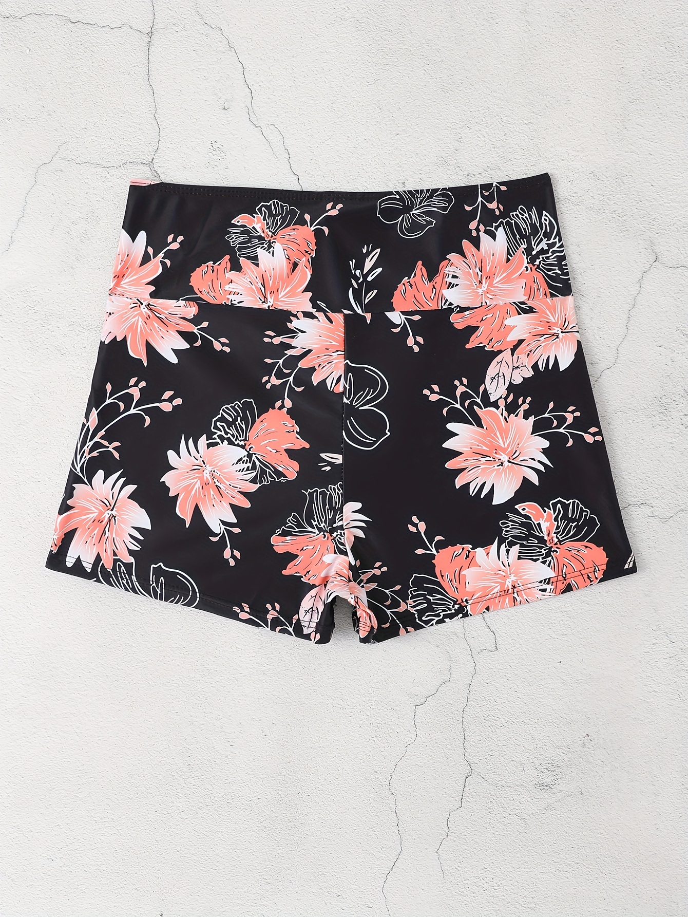 Floral Print Drawstring Waistband Trunks Bottoms, High Strech Black Stylish Swim Briefs, Women's Swimwear & Clothing