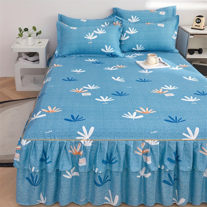 3pcs bed skirt set bed cover flower printed   universal non slip bed sheets bedding set bedroom   bedding bed skirt 1 pillowcase 2 without core bedroom decor details 1