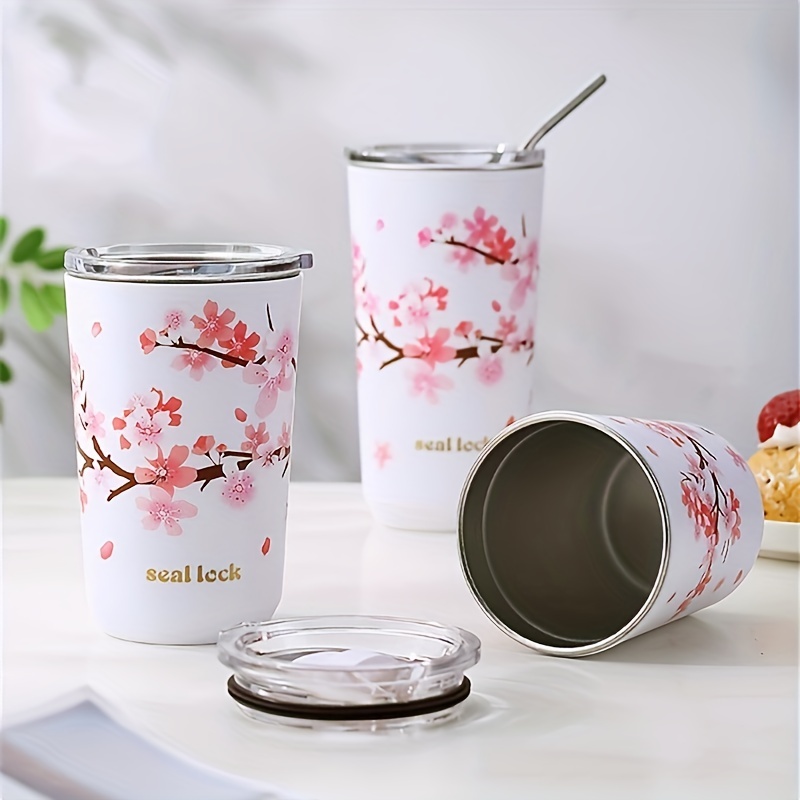 

1pc 304 Stainless Steel Hands-on Cup Straw High-value Girls Milk Tea Coffee Cup Anti-fall Water Cup Cherry Blossoms Pattern For Restaurants/cafes Eid Al-adha Mubarak