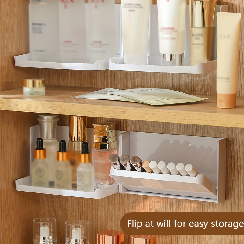 1pc Wall Mounted Slanted Storage Box With Mirror & Lipstick & Cosmetics  Rack Bathroom Organizer Shelf With Multiple Layers