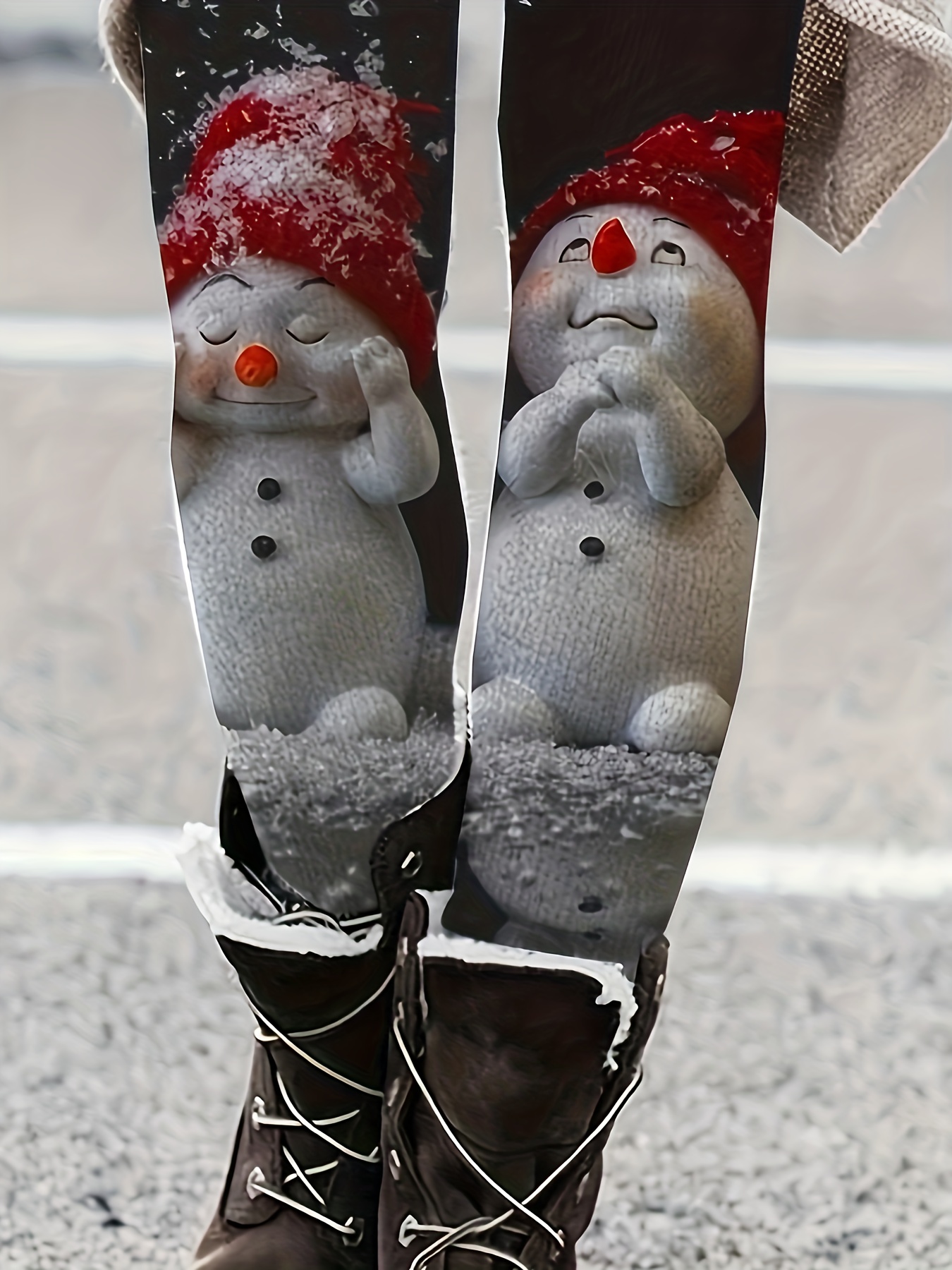 Cartoon Snowman Print Skinny Leggings Casual Elastic Waist - Temu