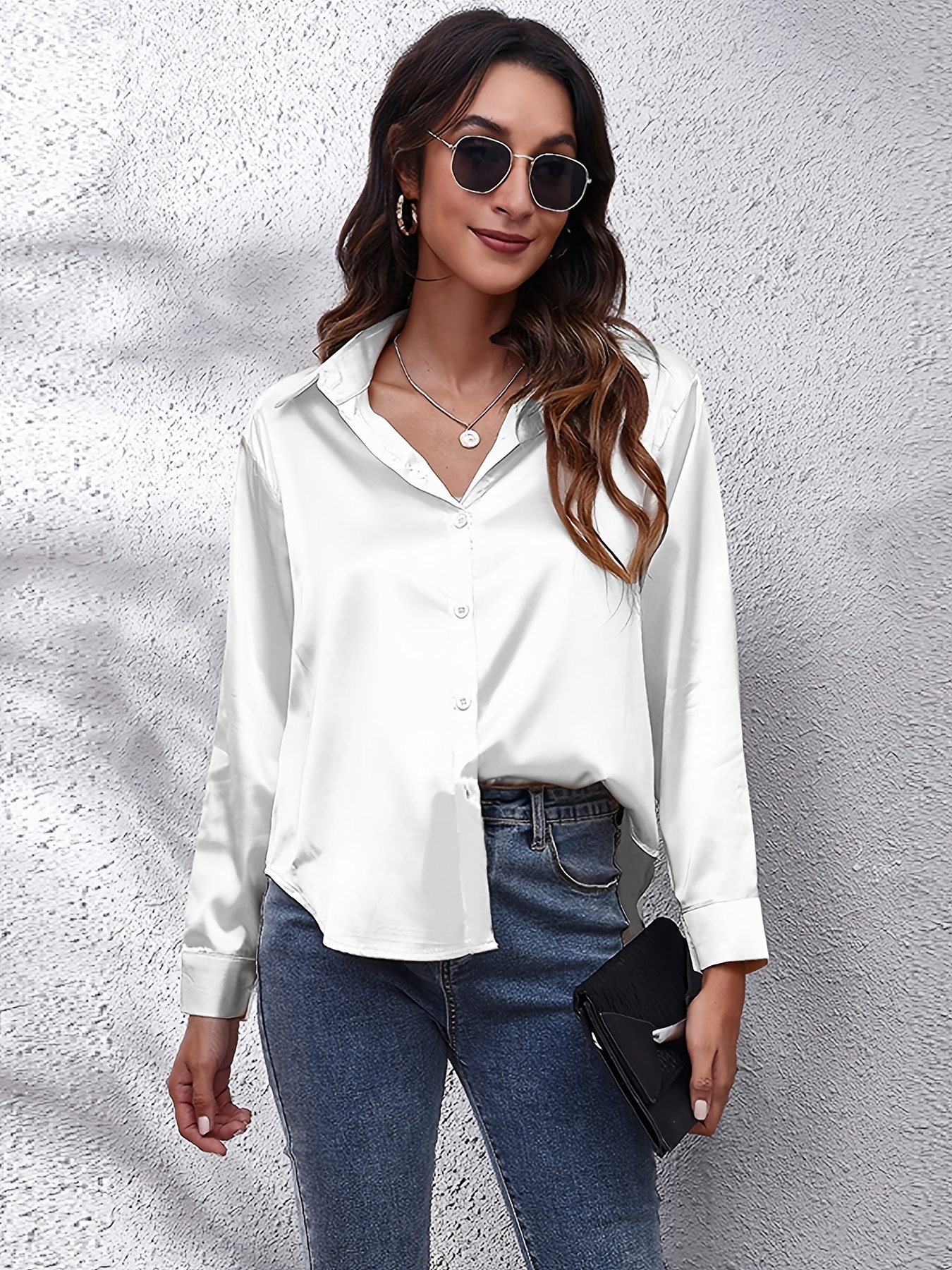 solid color long sleeve button down tops business casual blouses for all seasons womens clothing