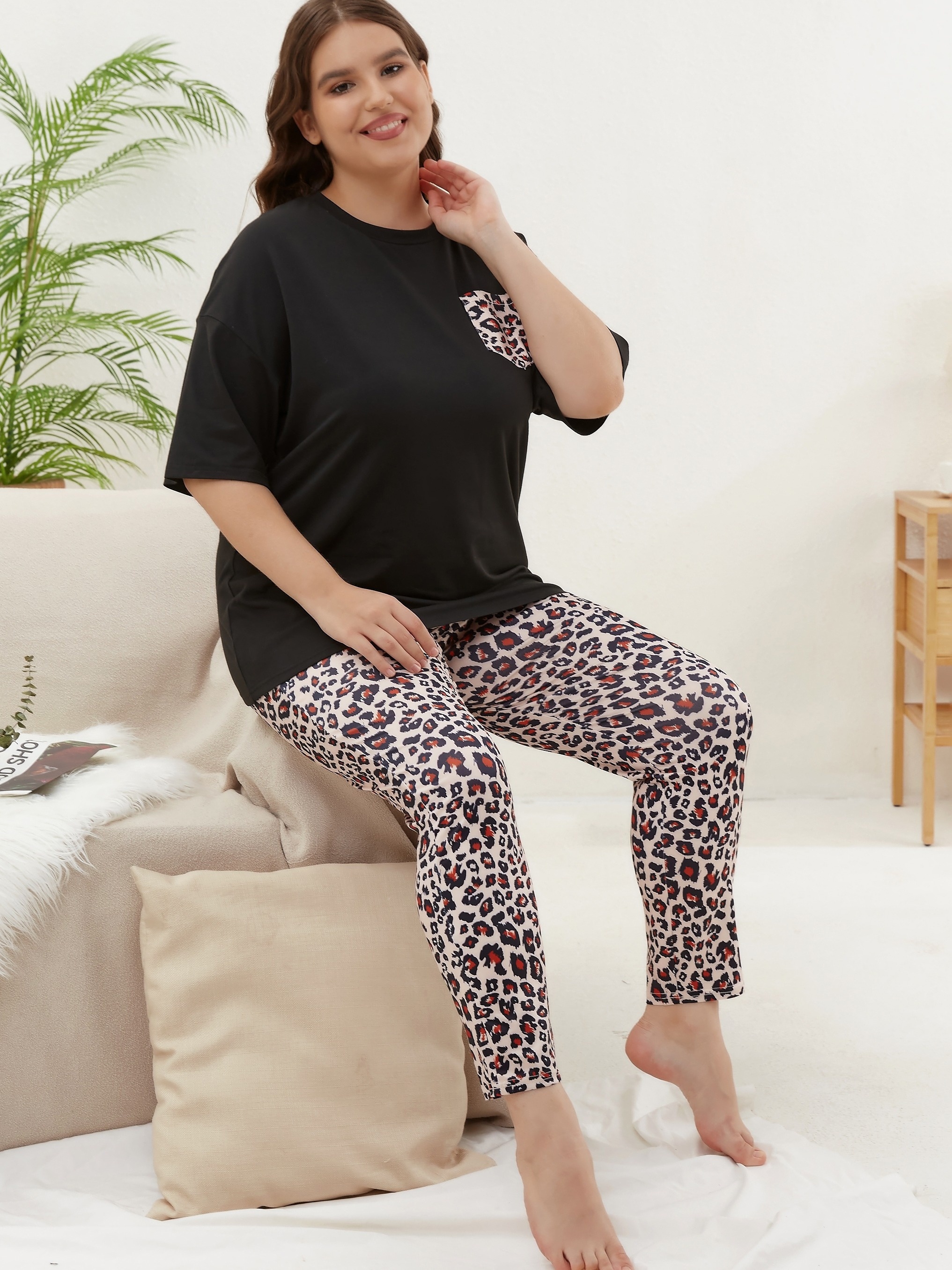 Leopard Print Pajama Set Short Sleeve Top & Pants