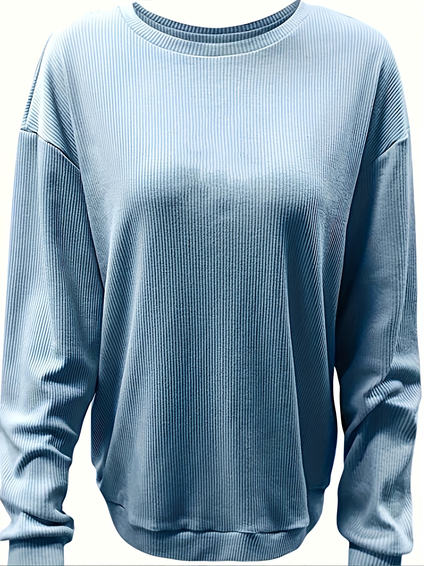 Solid Textured Crew Neck Sweatshirt Casual Long Sleeve Loose