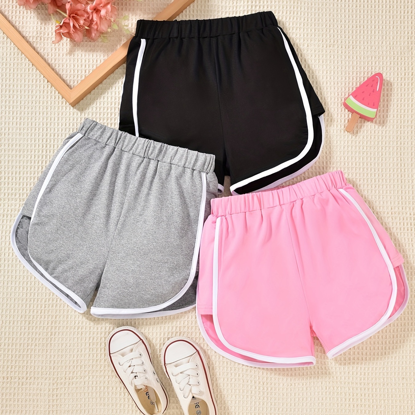 

3pcs Girls Casual Plain Color Waistband Shorts For Kids Children Holiday Summer