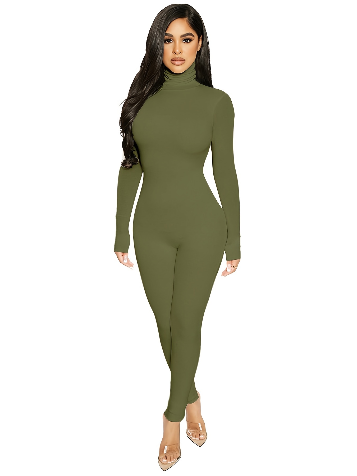 Women's Square Neck Long Sleeve Tops Jumpsuit High Stretch - Temu