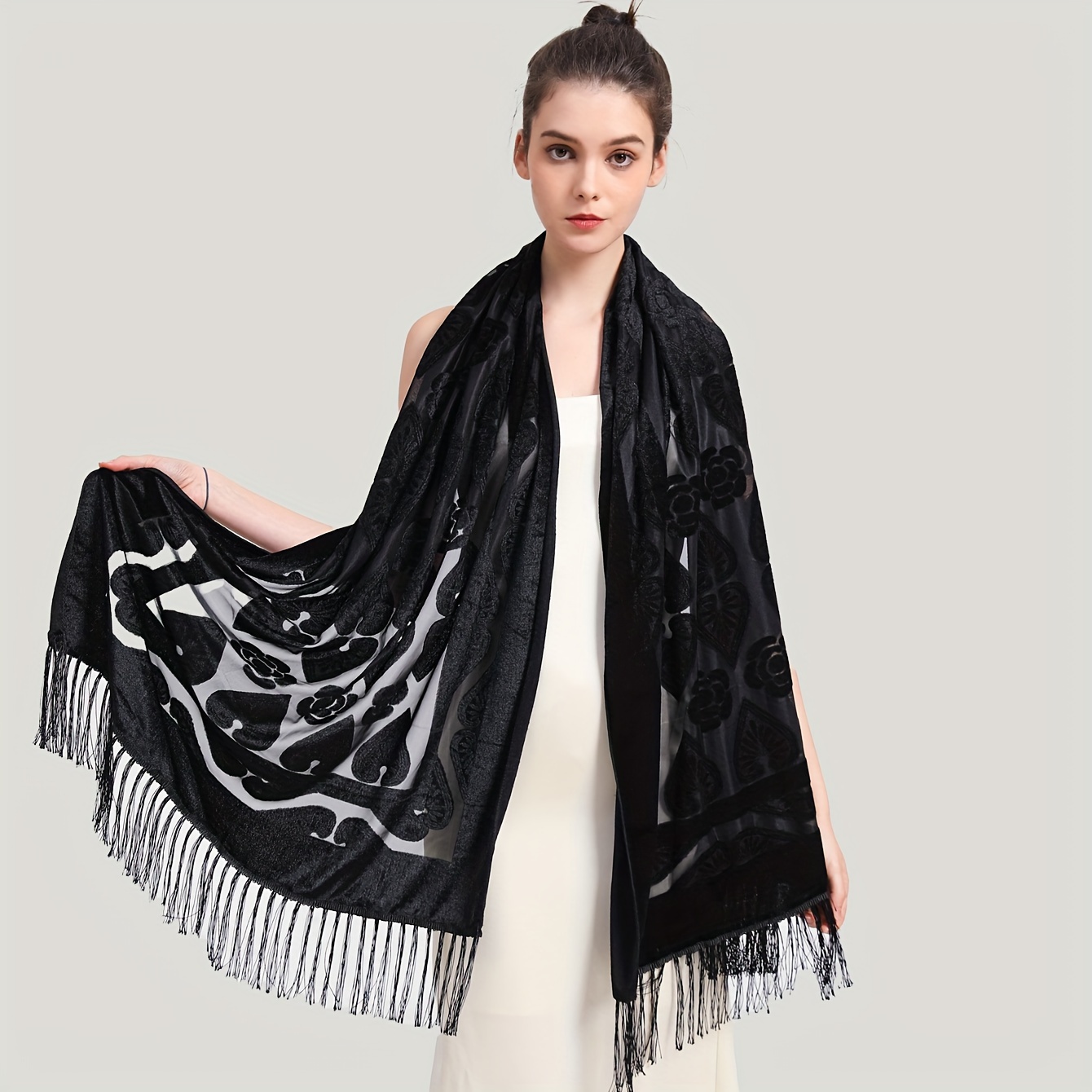 vintage velvet tassel shawl elegant black white floral vintage velvet tassel shawl elegant black white floral