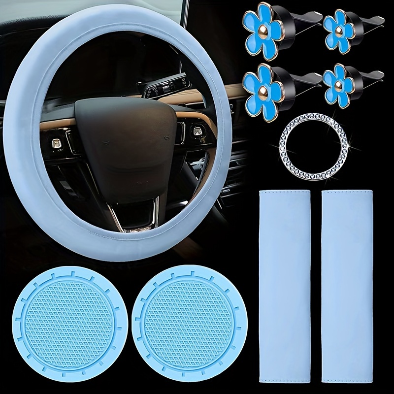 

10pcs/set Car Steering Wheel Cover, Safety Shoulder Guard, Coaster, Start Ring Button Buckle, Air Outlet Flower Clip