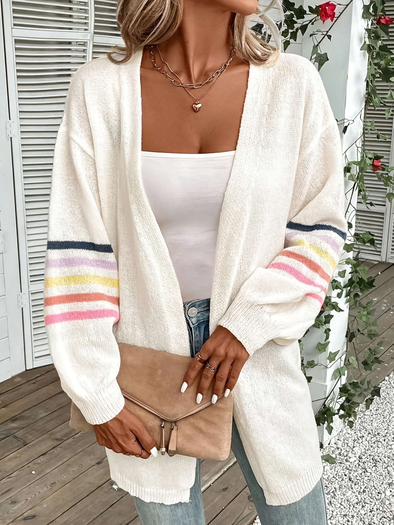 Rainbow Striped Open Front Cardigan Casual Long Sleeve - Temu