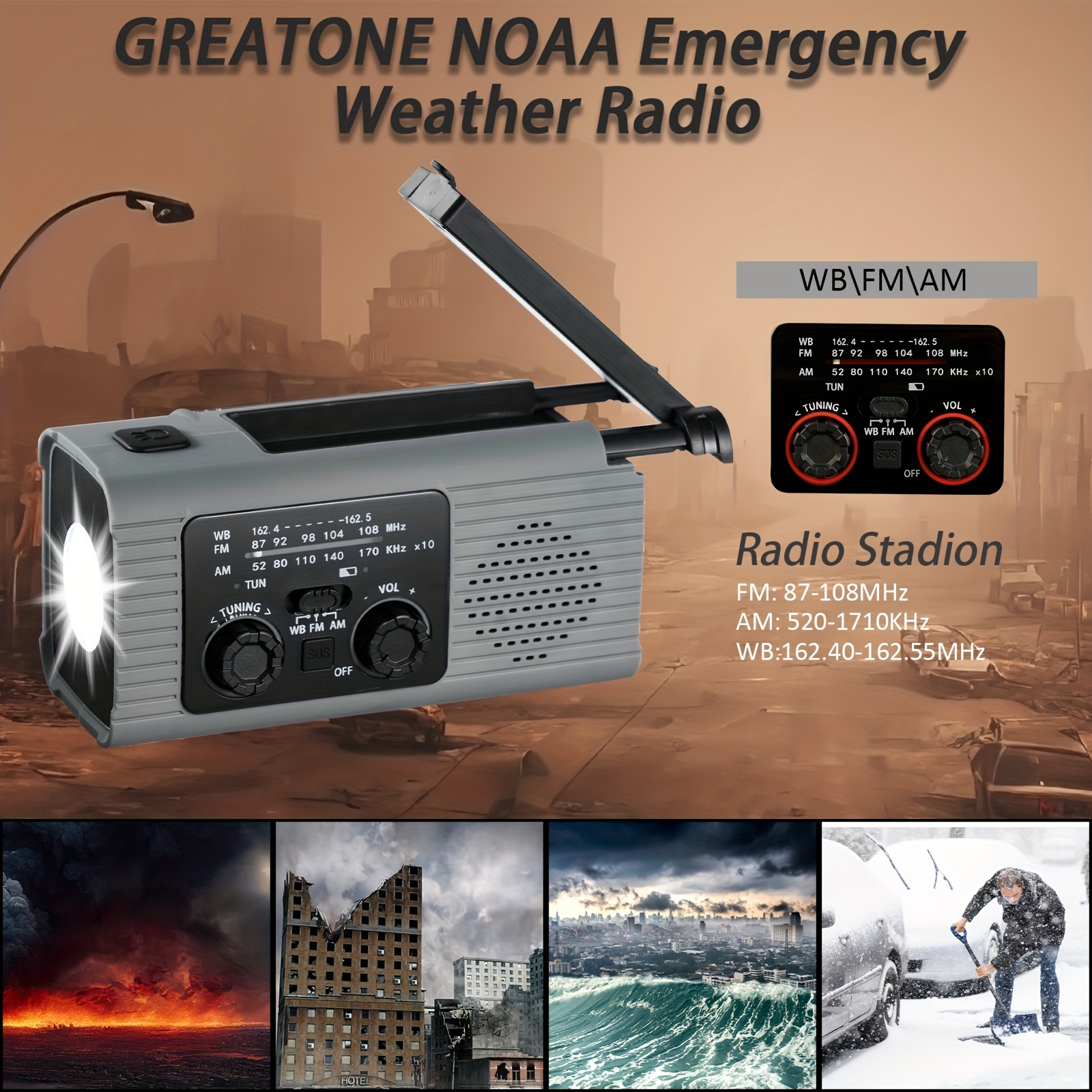  Emergency Crank Weather Radio, 4000mAh Solar Hand