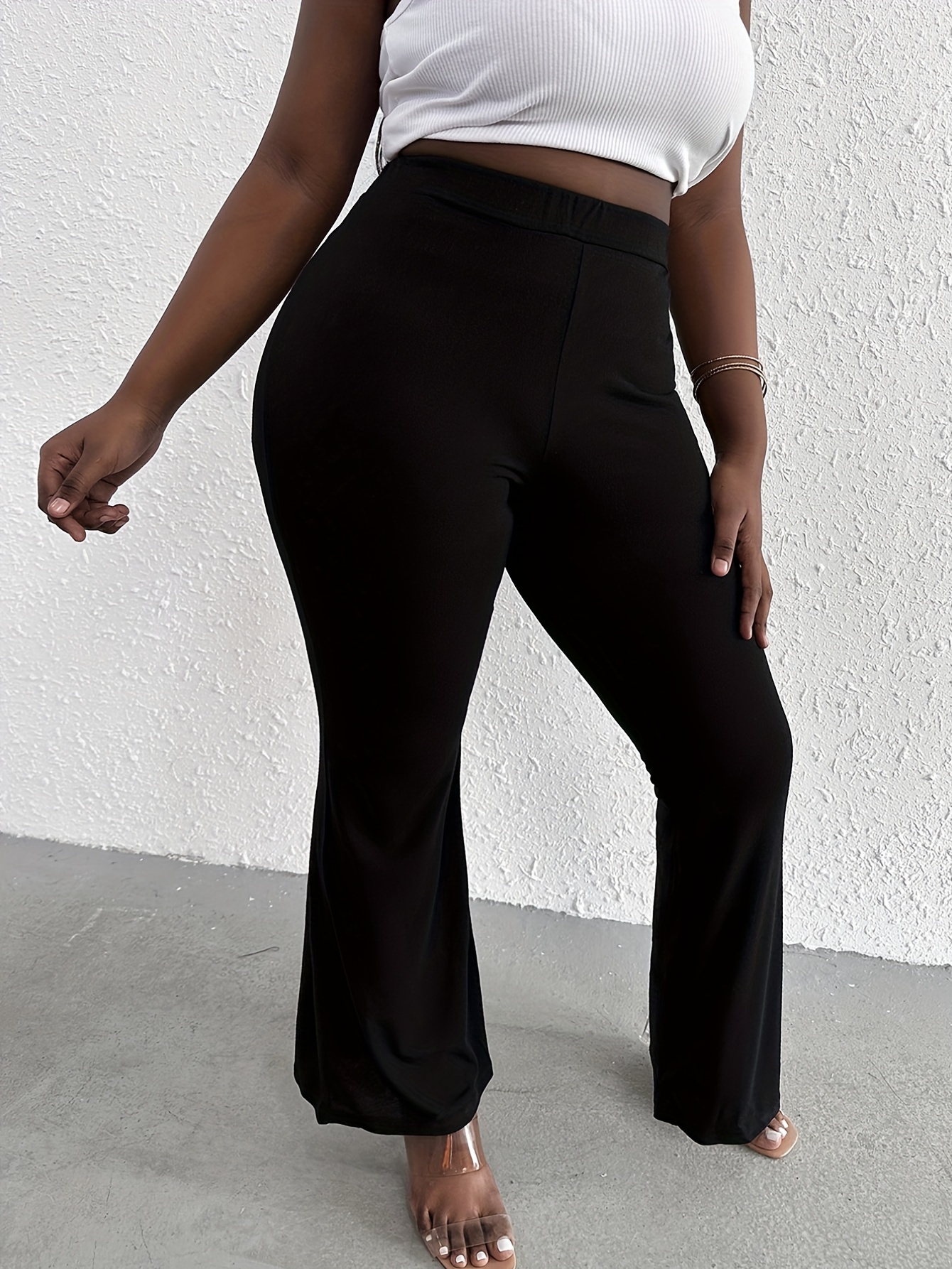 Plus Size High * Flared Pants, Women's Plus Casual Medium Stretch Bell  Bottom Pants