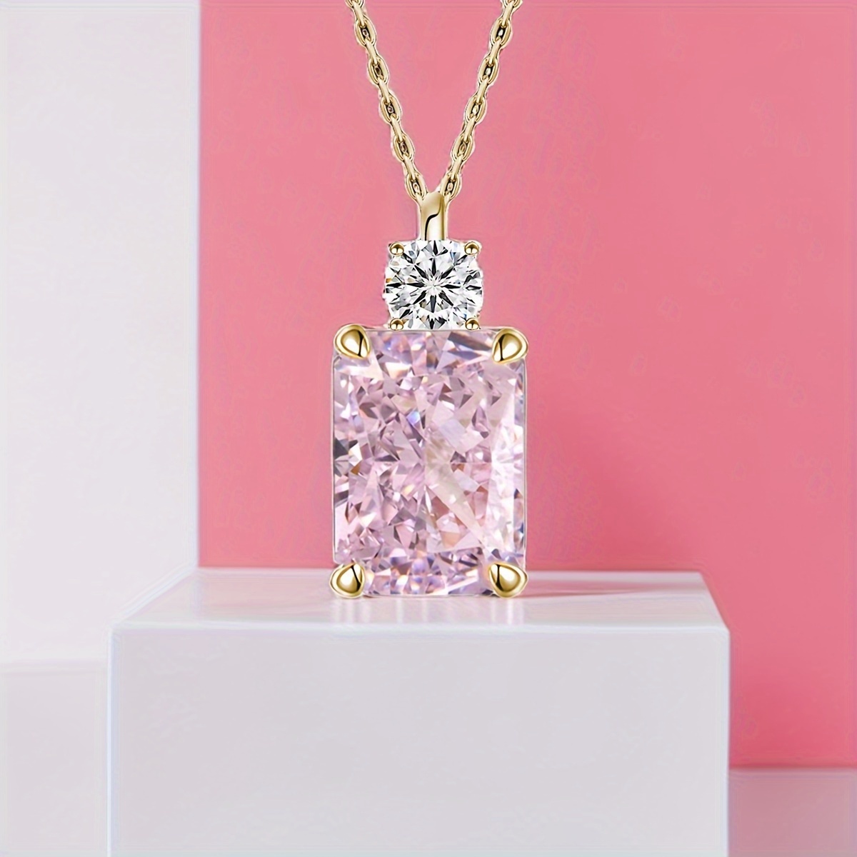 TEMU S925 Sterling Silvery Pendant Ice Pink Synthetic Cubic Zirconia Oblong Four-prong Classic Elegant Women's Pendant 8 X 10mm Is 40cm 5cm Tail Link