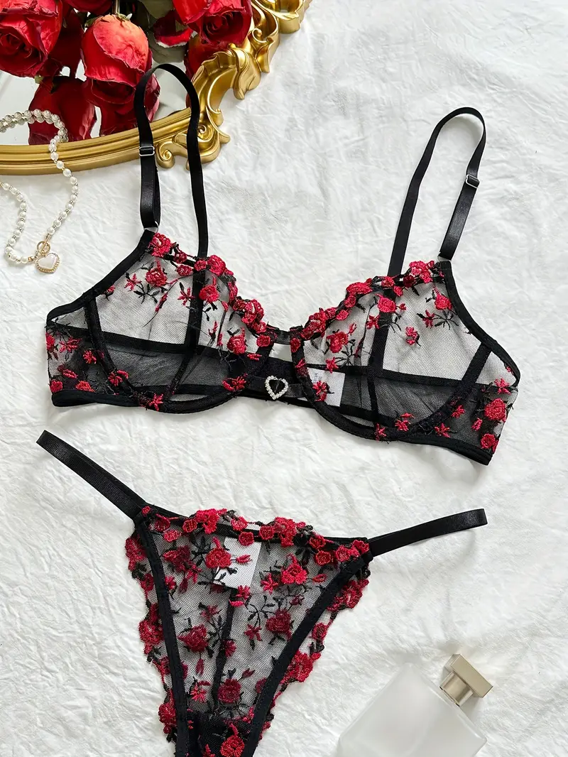 floral embroidery lingerie set hollow out unlined bra sheer mesh thong womens sexy lingerie underwear details 12