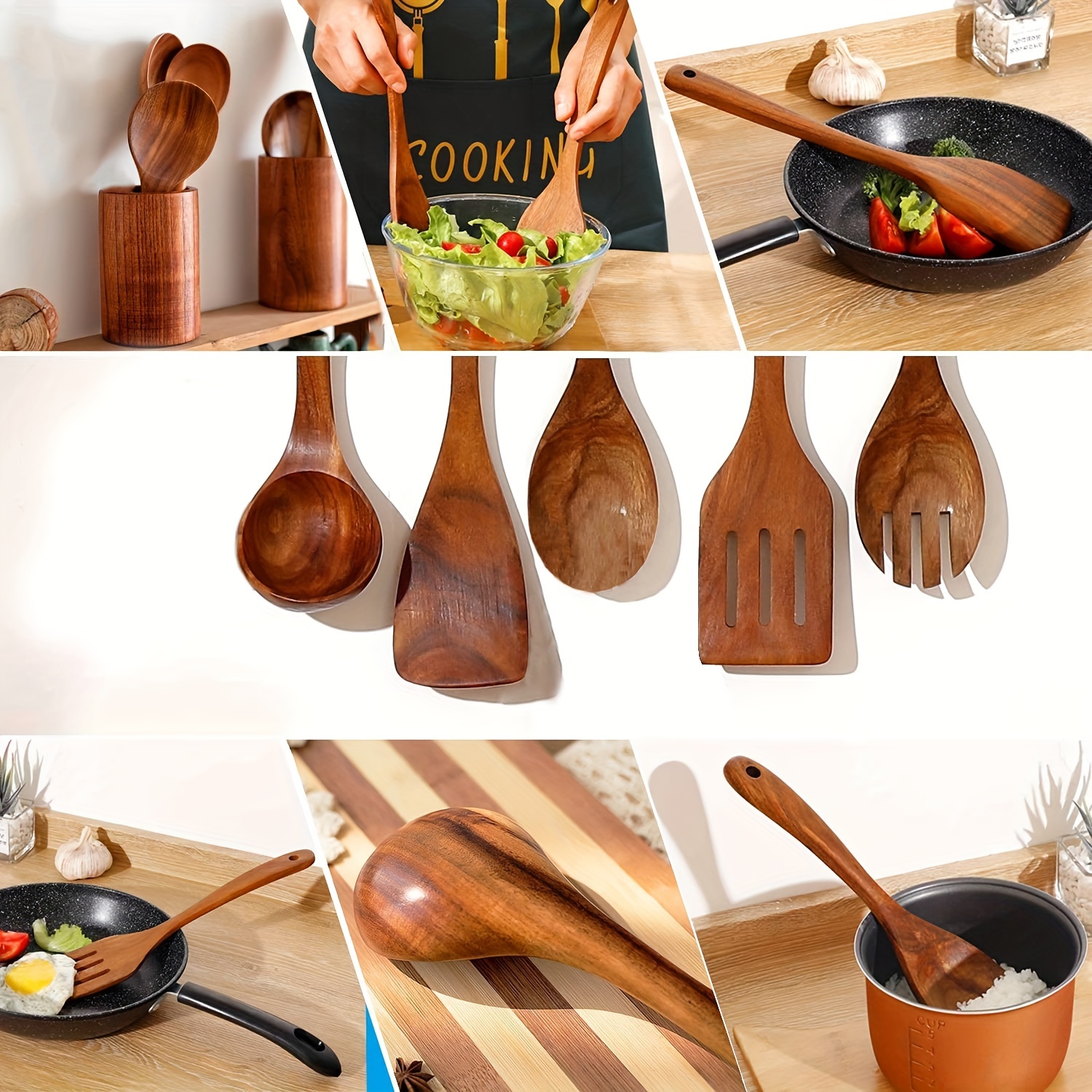 Utensilios de madera para cocinar, utensilios de cocina de madera, juego de  cucharas de madera de teca para cocinar, espátulas antiadherentes para