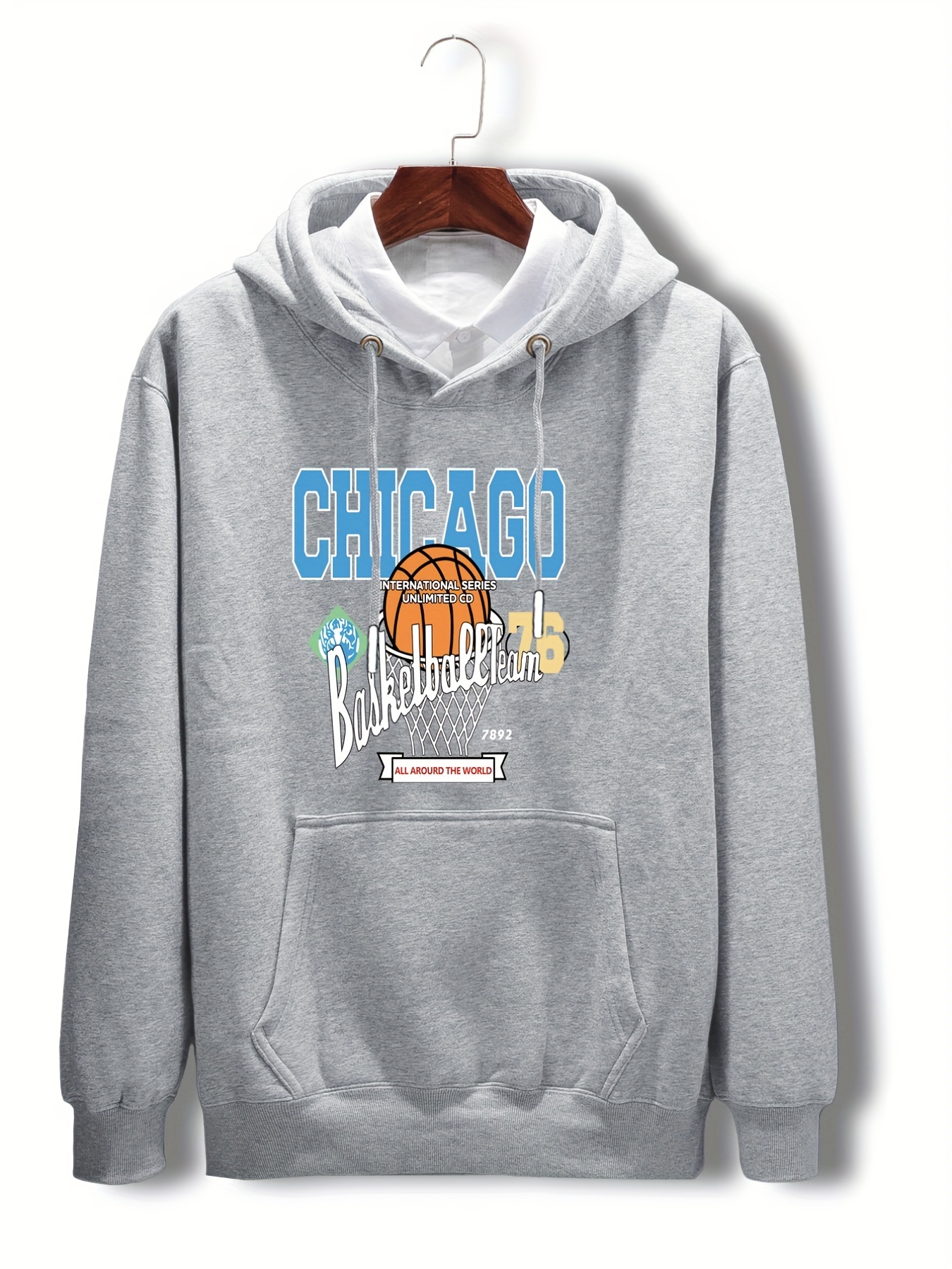 Plus Size Casual Sweatshirt, Men's Stylish Chicago Bears Print Long Sleeve Drawstring Hoodie, Pullover Sweatshirt,Temu