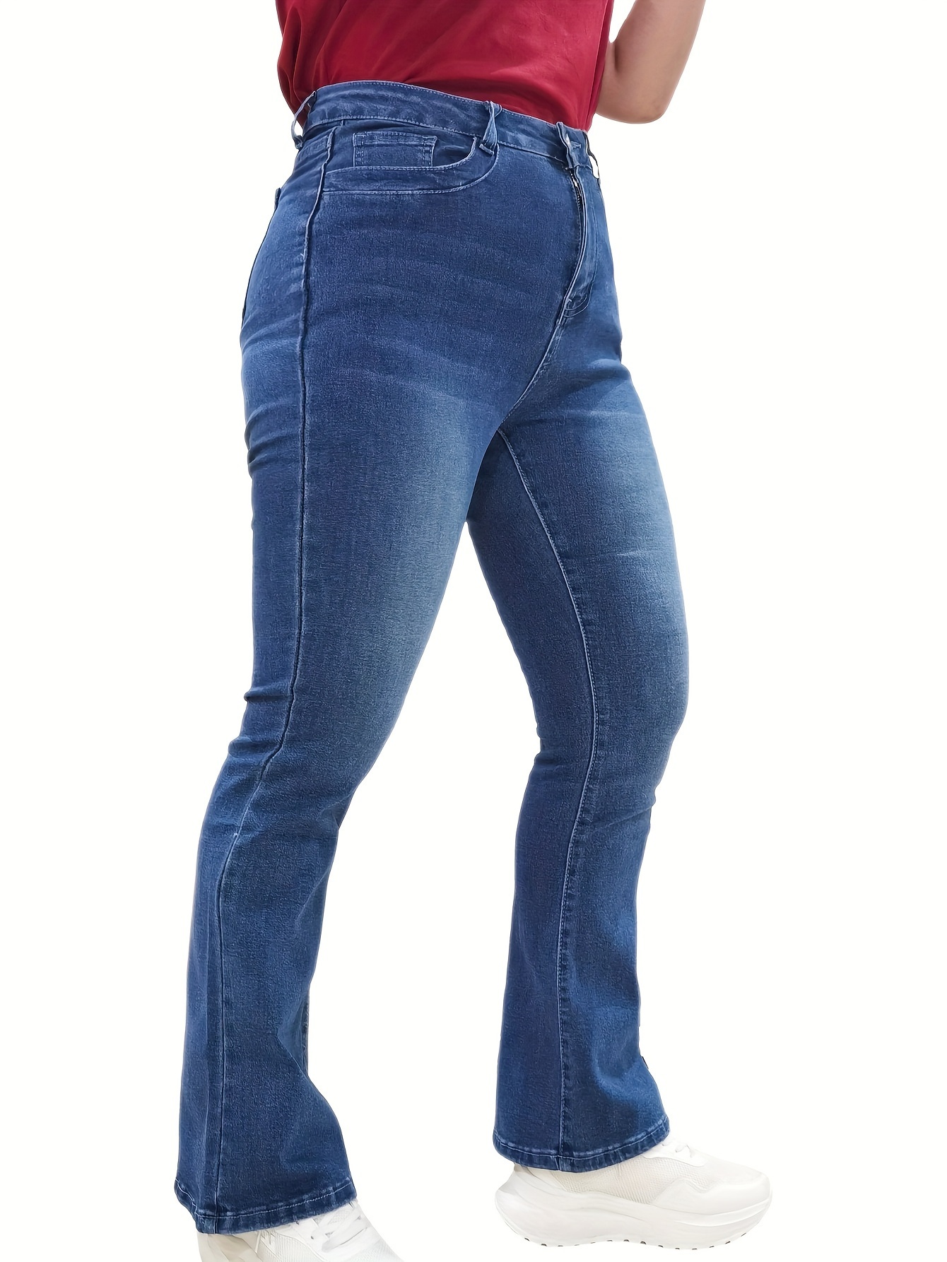 Women's Casual Jeans, Plus Size Faux Fleece Lined Medium Stretch Slash  Pocket Washed Blue Flare Leg Denim Pants For Winter