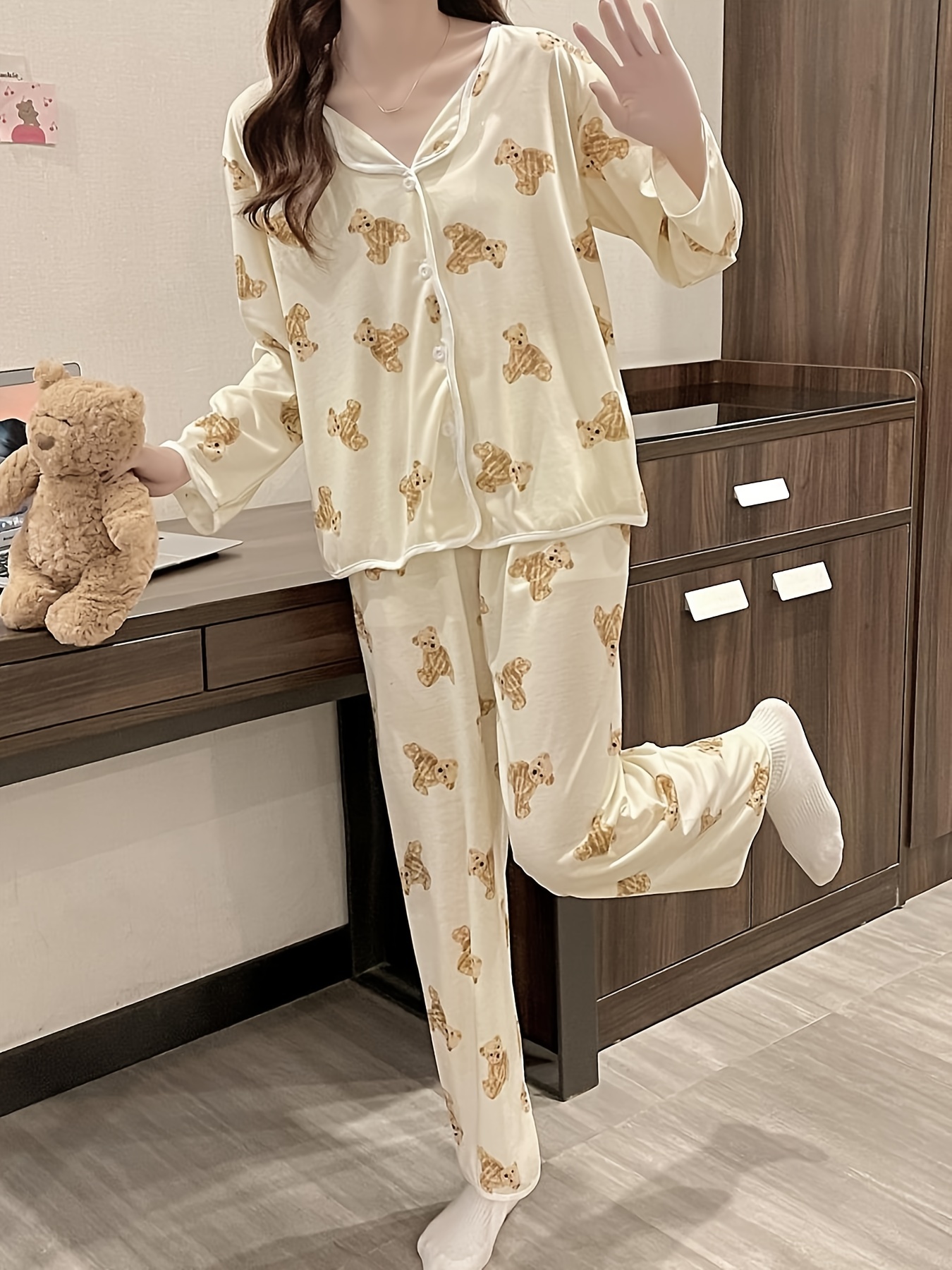 Cartoon Bear Print Pajama Set Cute Lapel Long Sleeve Blouse - Temu