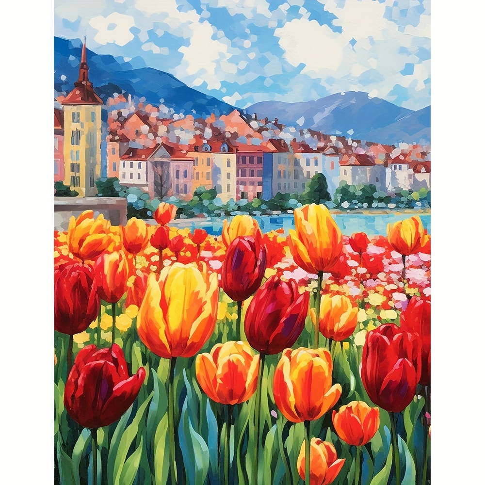 Large Size Frameless Diy 5d Diamond Painting Field Tulips - Temu