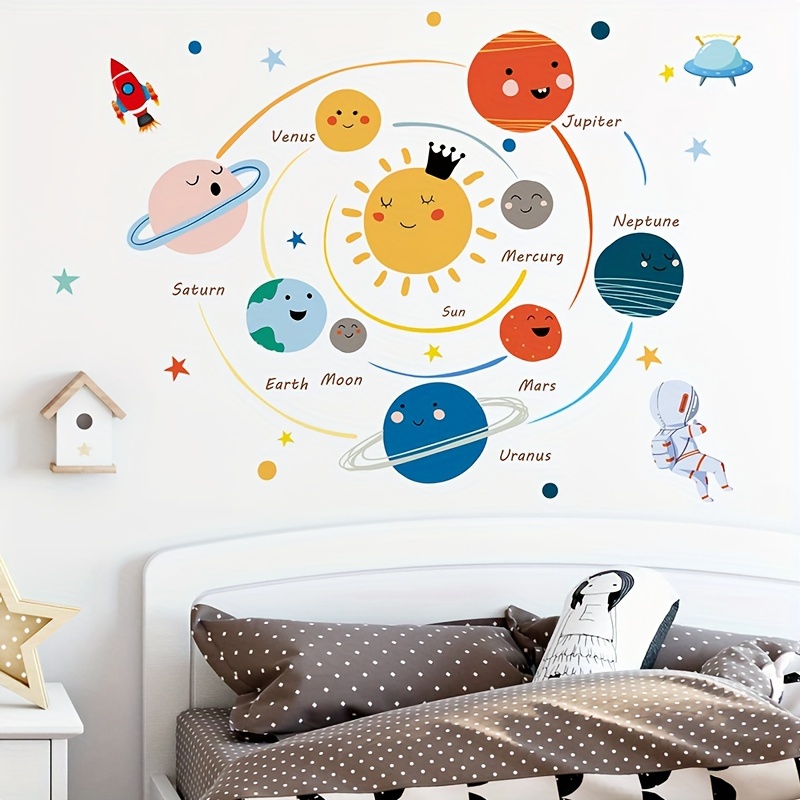 

2pcs/set Stickers, Cartoon Solar System Stickers, Removable Waterproof Vinyl Stickers, Suitable For Wall Decoration Wallpaper, 11.81*35.43in