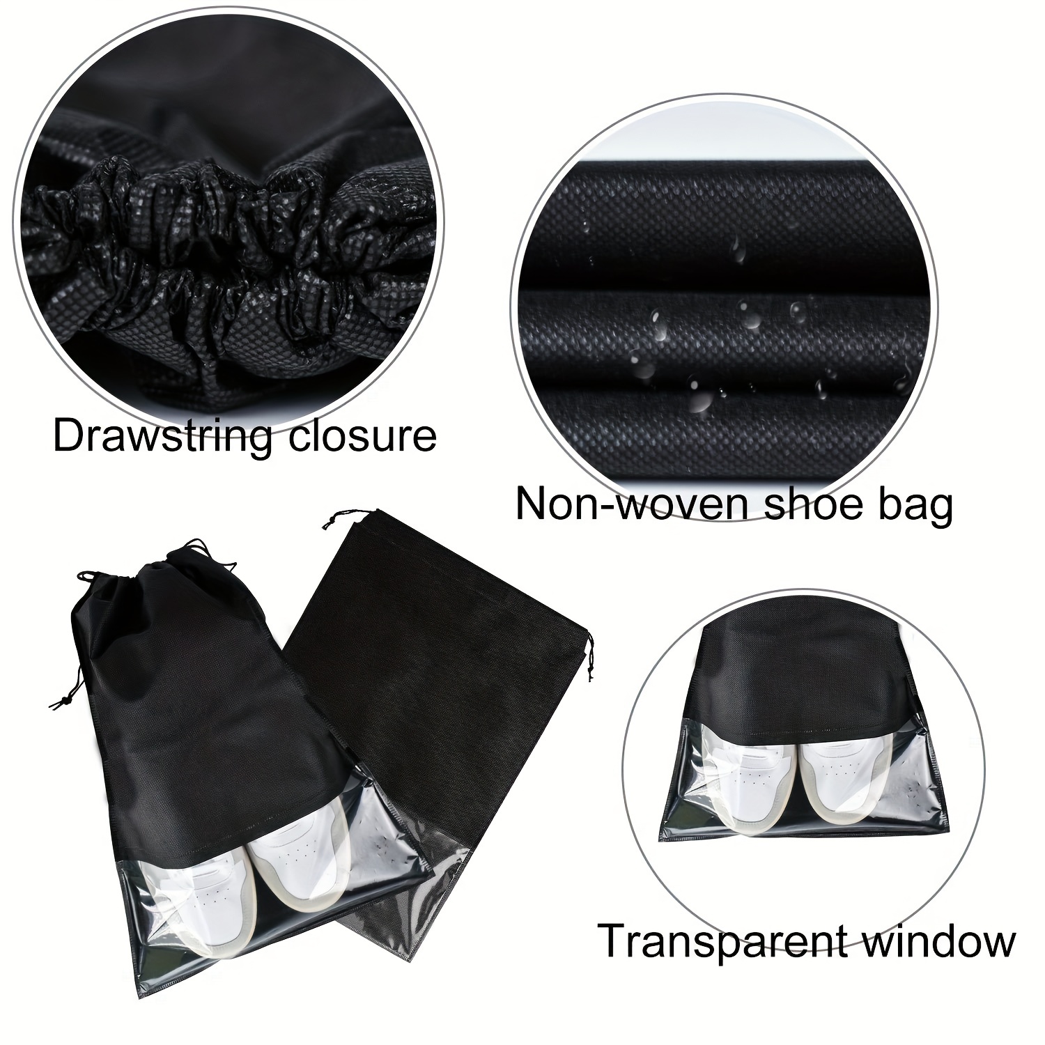 12 Pack Portable Shoe Bags for Travel Large Shoes Pouch Storage Organizer  Clear Window with Drawstring for Men and Women Black